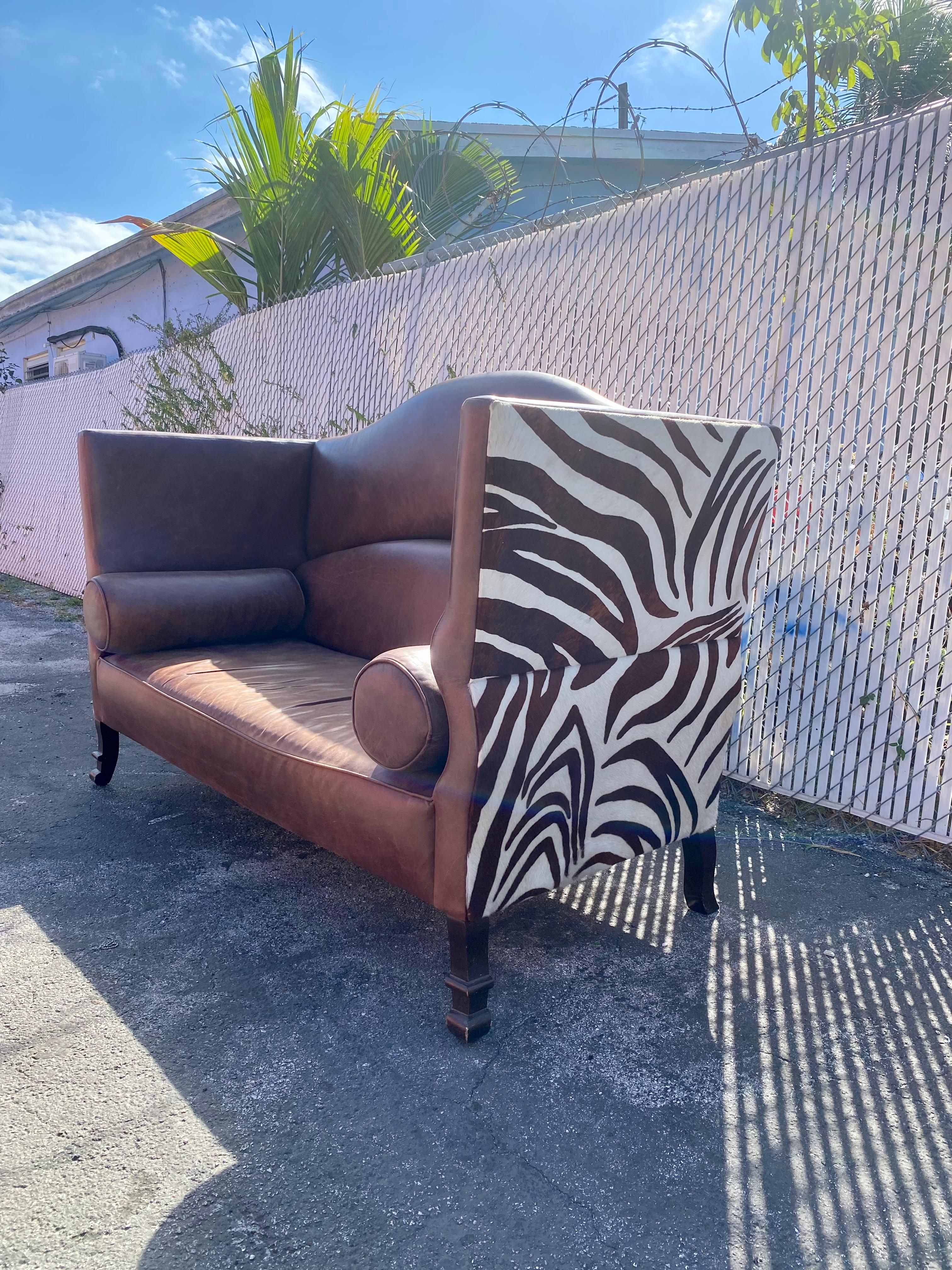 Late 20th Century 1970s Leather and Zebra Hide Scupltural Sofa Settee  For Sale