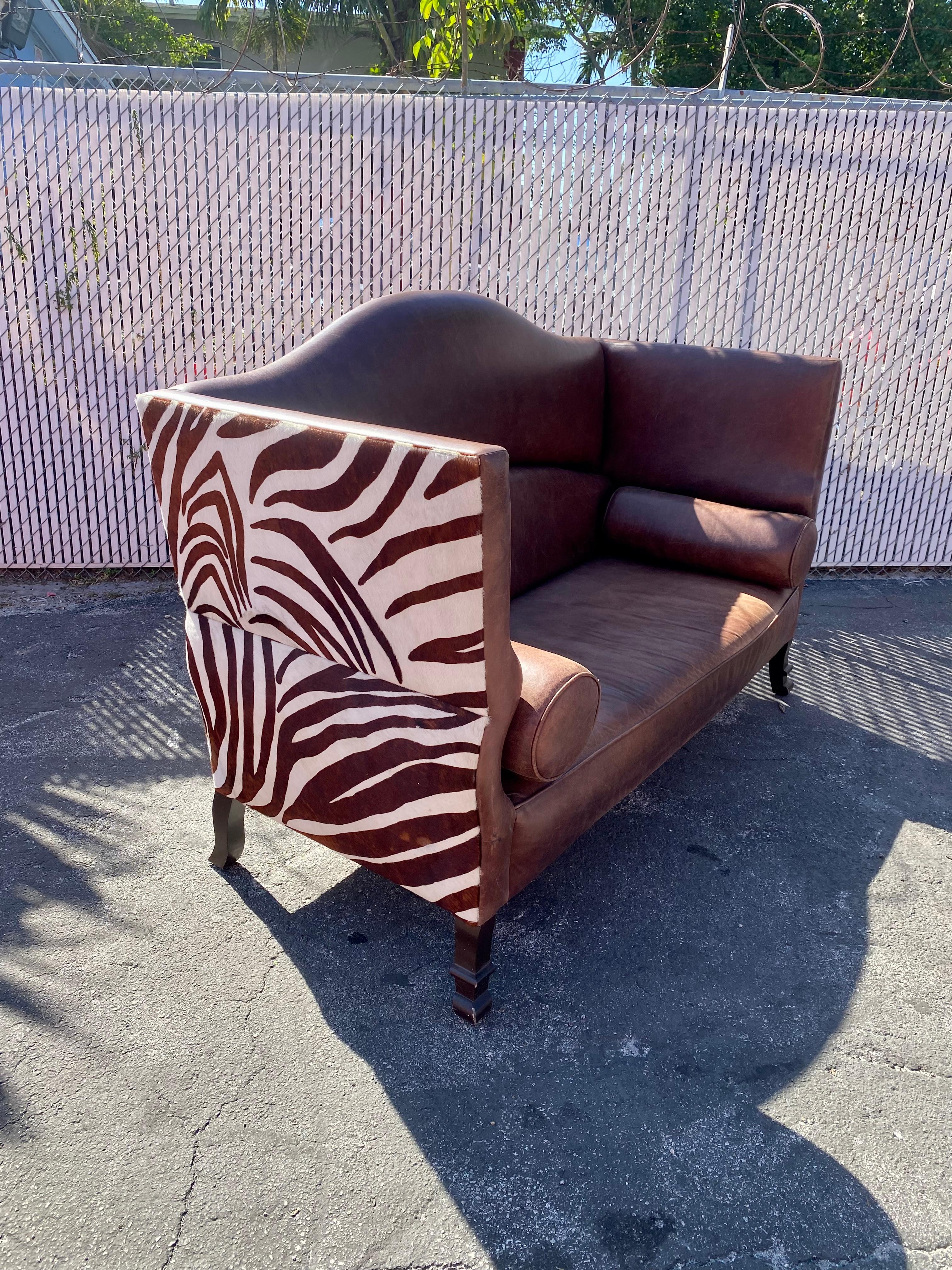 1970s Leather and Zebra Hide Scupltural Sofa Settee  For Sale 1