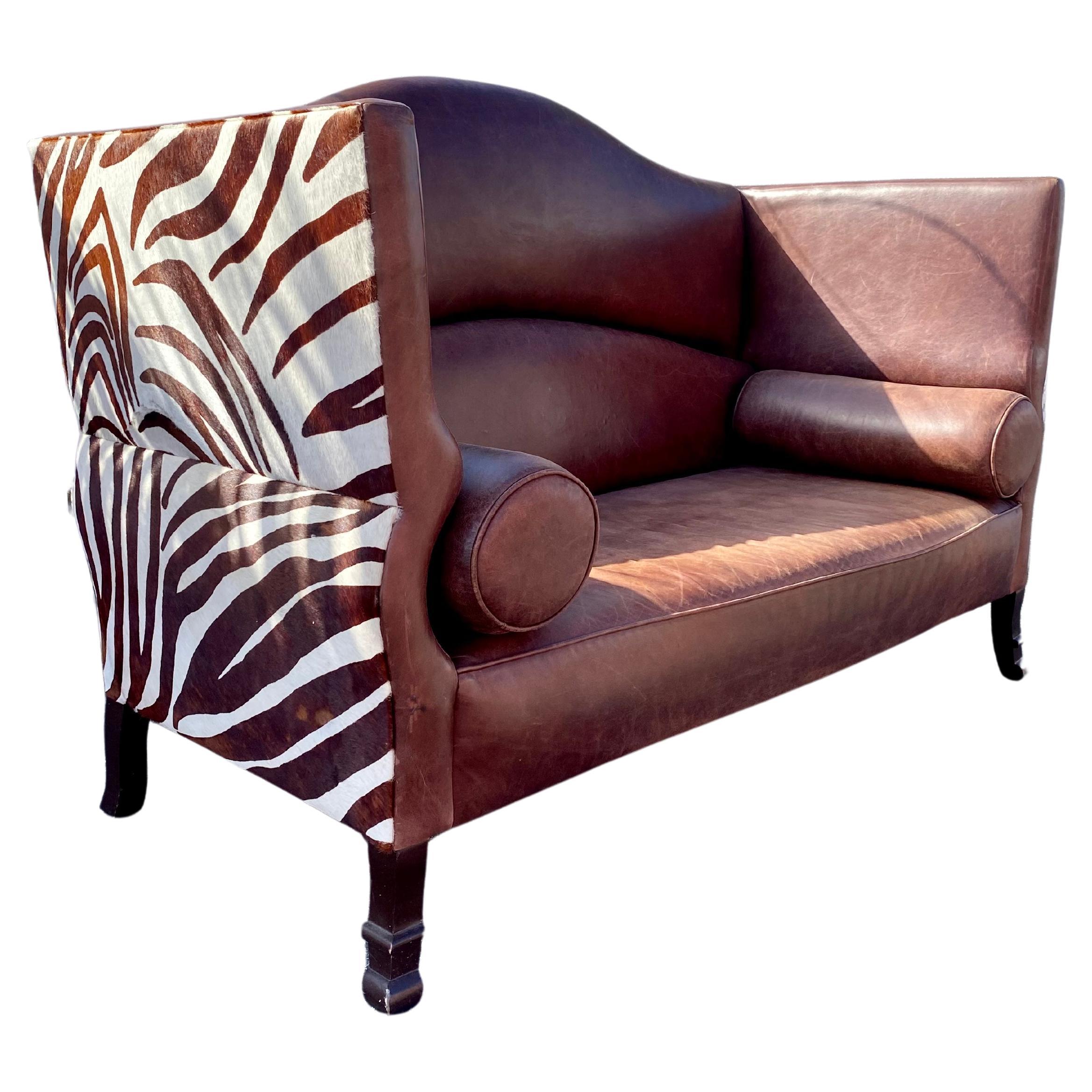 1970s Leather and Zebra Hide Scupltural Sofa Settee  For Sale