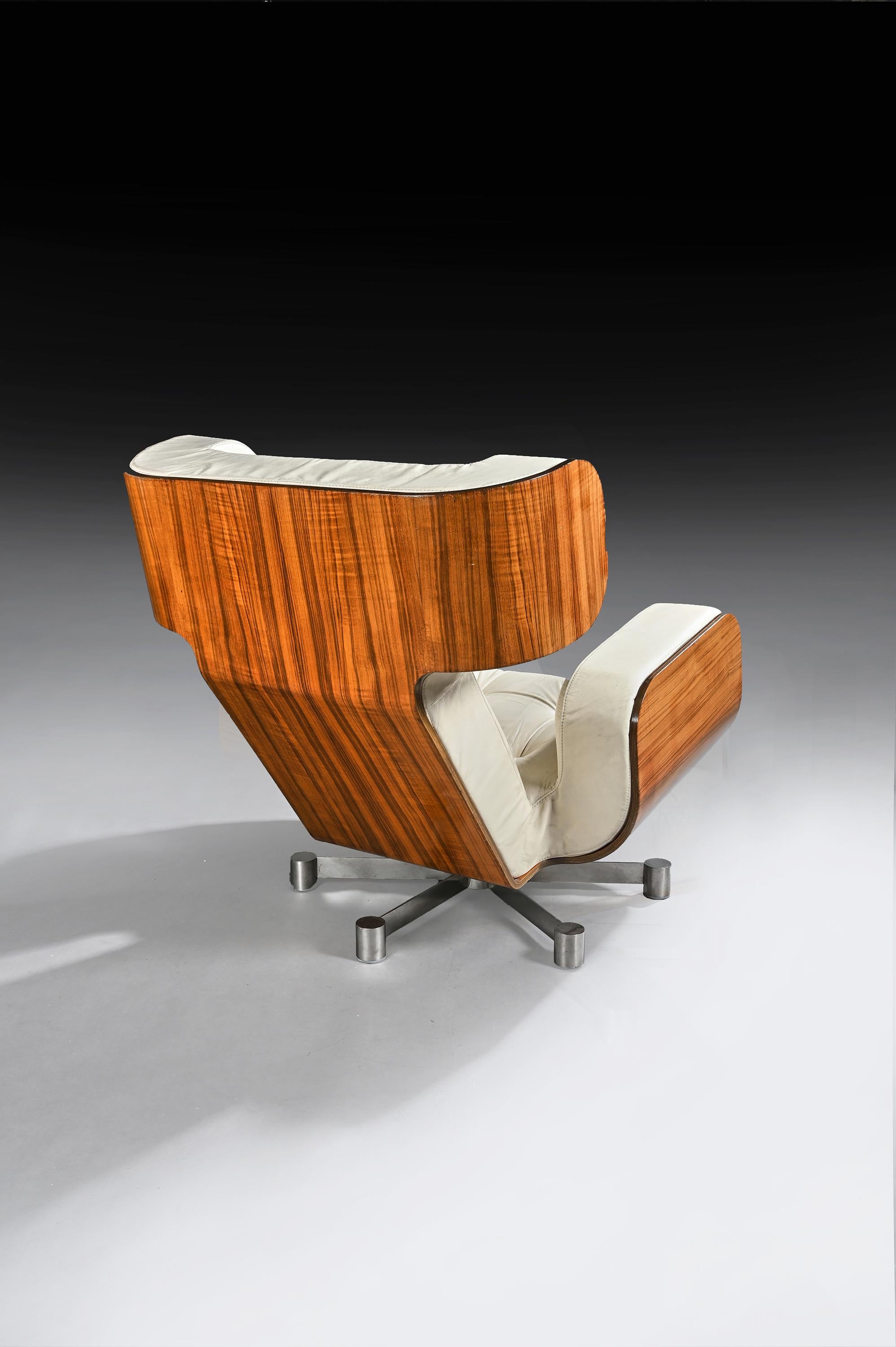 20th Century 1970s Leather and Zebrano Lounge Armchair on Aluminium Base