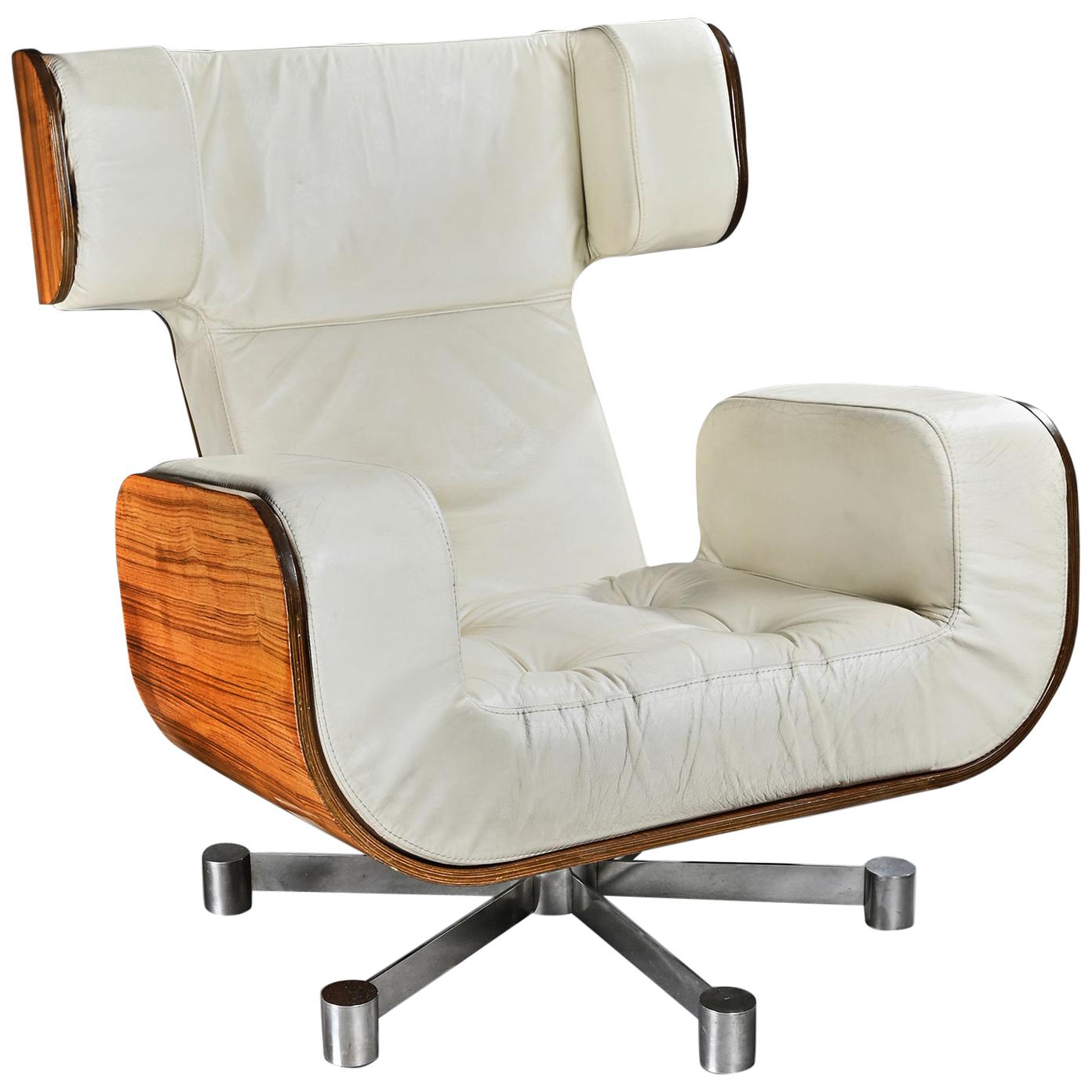 1970s Leather and Zebrano Lounge Armchair on Aluminium Base