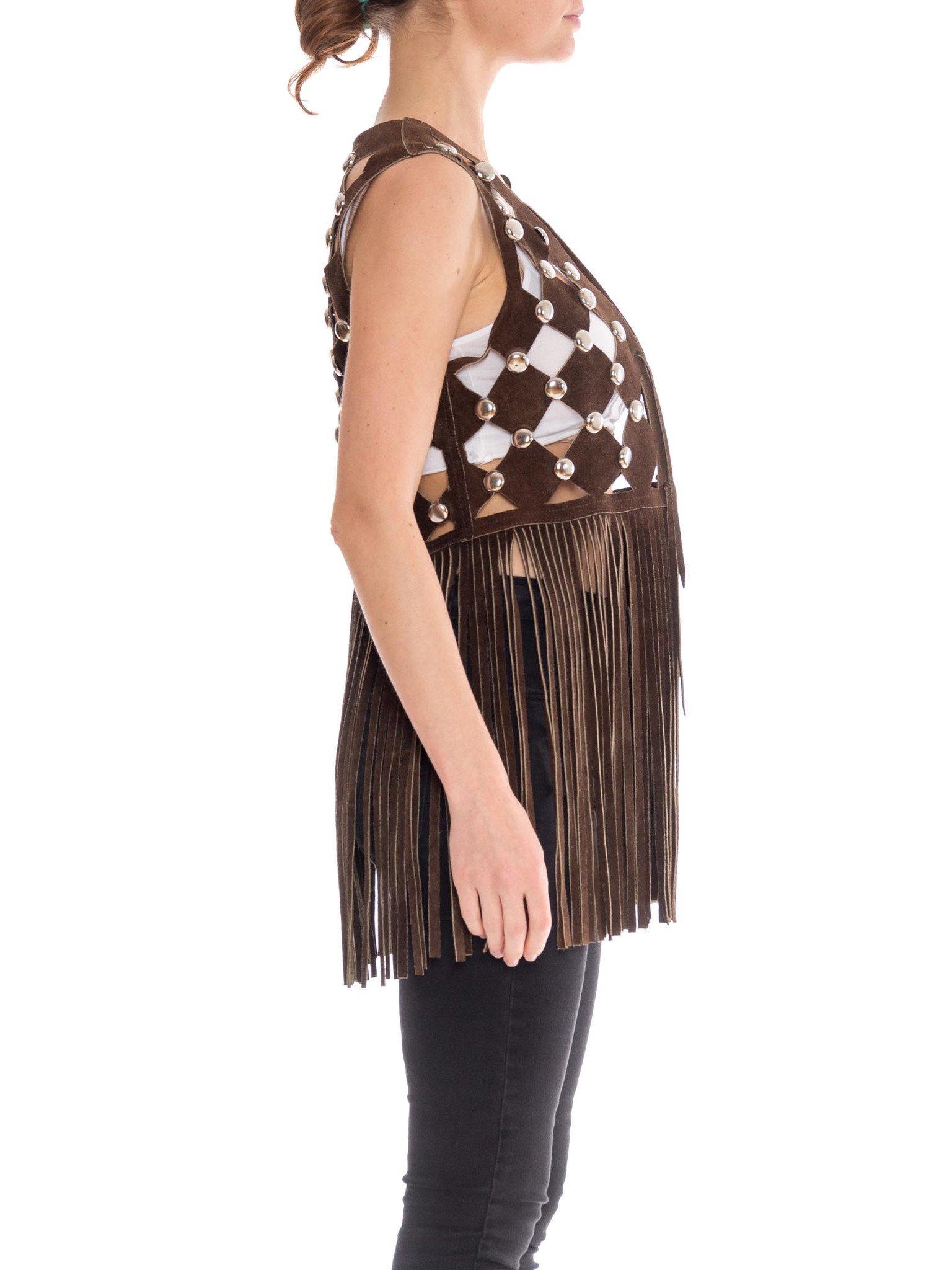 Women's 1970S Leather Cut Out Fringe Vest With Silver Hardware