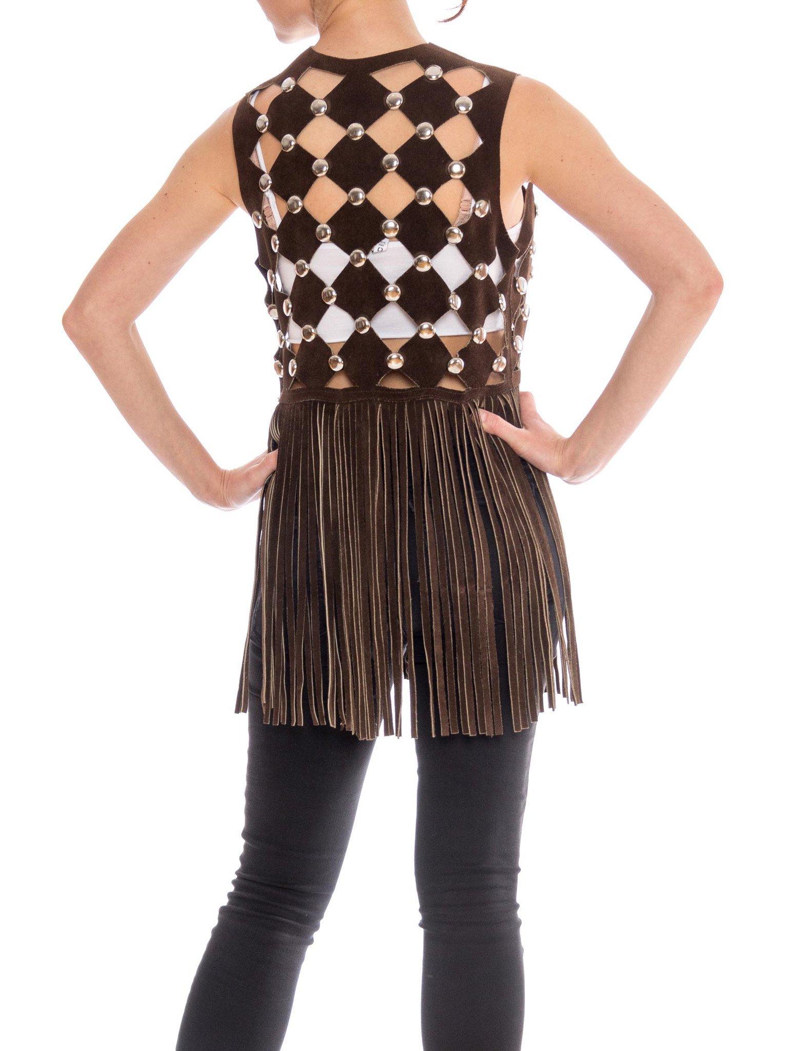 1970S Leather Cut Out Fringe Vest With Silver Hardware 1