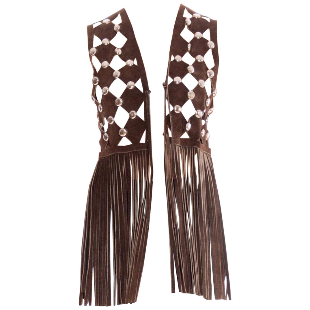 1970S Leather Cut Out Fringe Vest With Silver Hardware