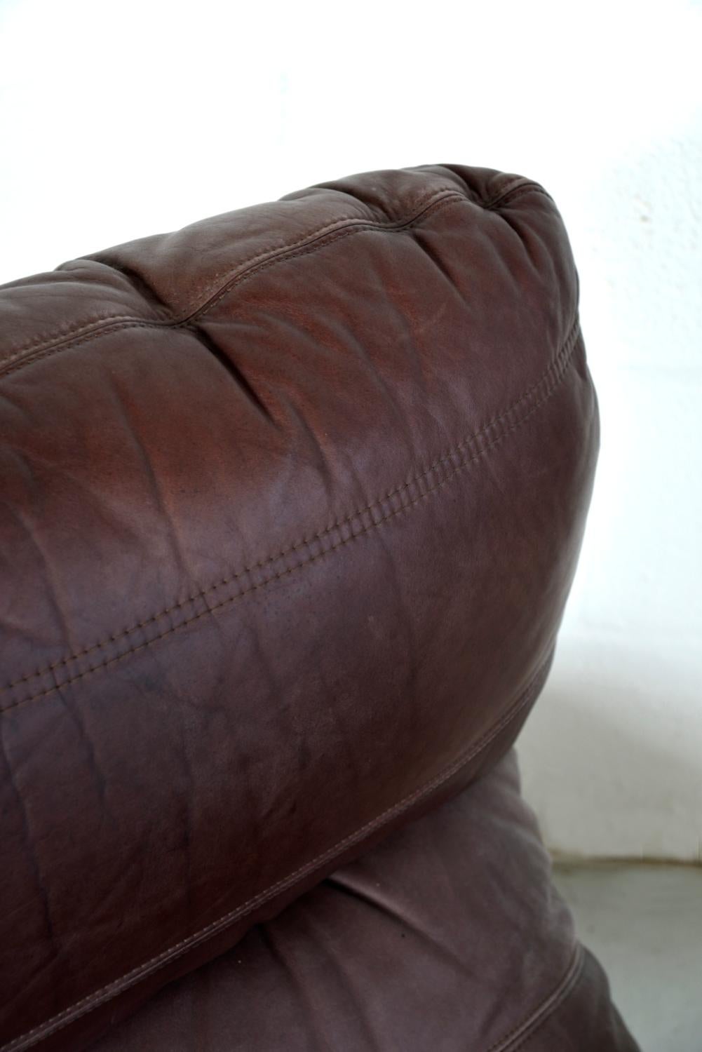1970s Leather Ligne Roset Marsala Lounge Chair & Ottoman Michel Ducaroy French 6