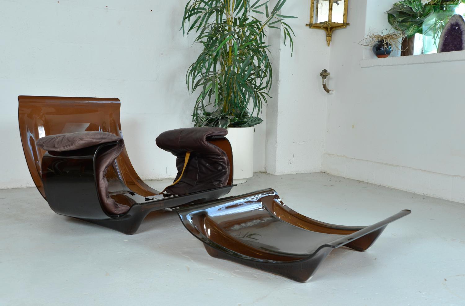 1970s Leather Ligne Roset Marsala Lounge Chair & Ottoman Michel Ducaroy French 9