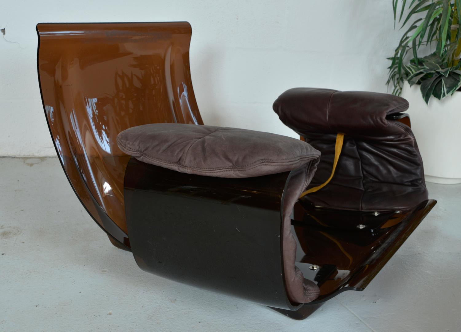 1970s Leather Ligne Roset Marsala Lounge Chair & Ottoman Michel Ducaroy French 12