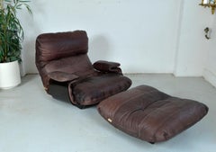 1970s Leather Ligne Roset Marsala Lounge Chair & Ottoman Michel Ducaroy French