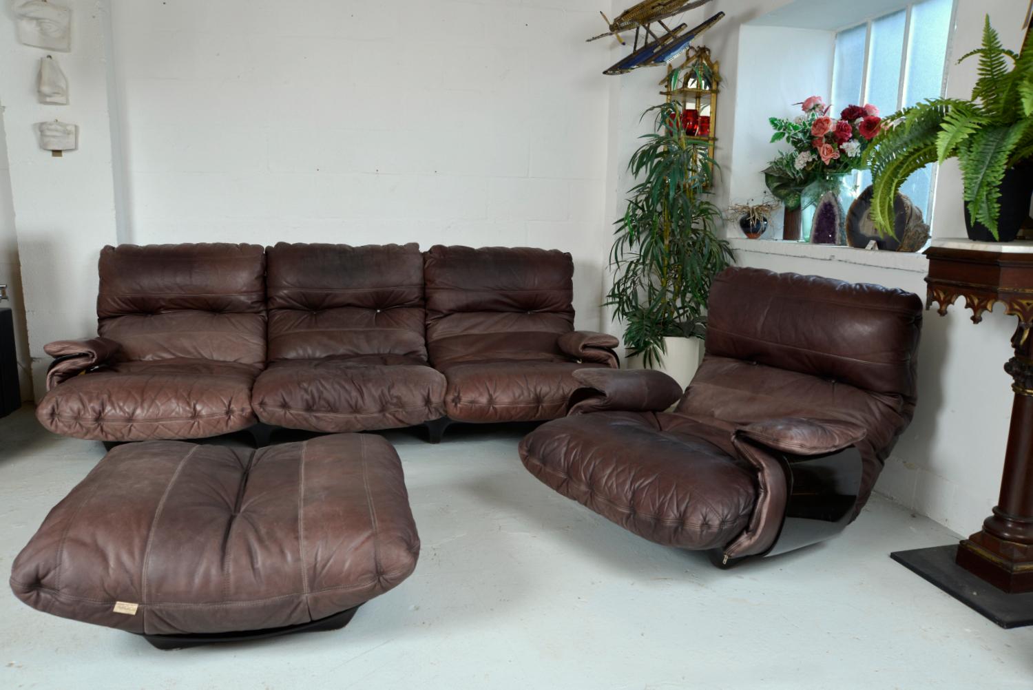 1970s Leather Ligne Roset Marsala Lounge Chair & Ottoman Michel Ducaroy French 15
