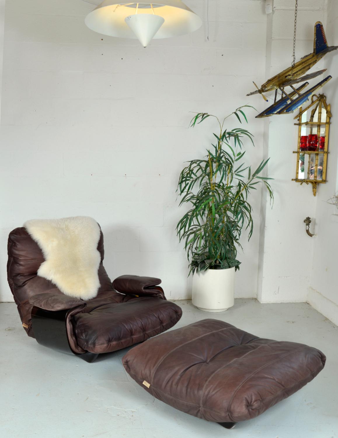 Mid-Century Modern 1970s Leather Ligne Roset Marsala Lounge Chair & Ottoman Michel Ducaroy French