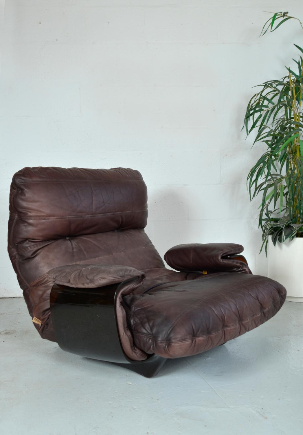 1970s Leather Ligne Roset Marsala Lounge Chair & Ottoman Michel Ducaroy French In Good Condition In Sherborne, Dorset
