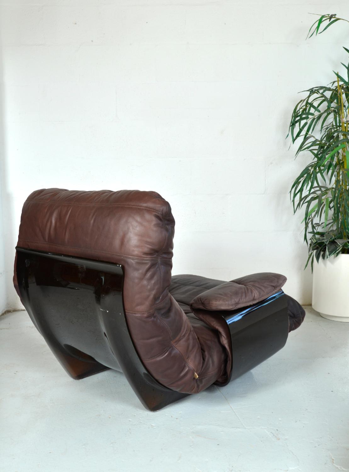 1970s Leather Ligne Roset Marsala Lounge Chair & Ottoman Michel Ducaroy French 1