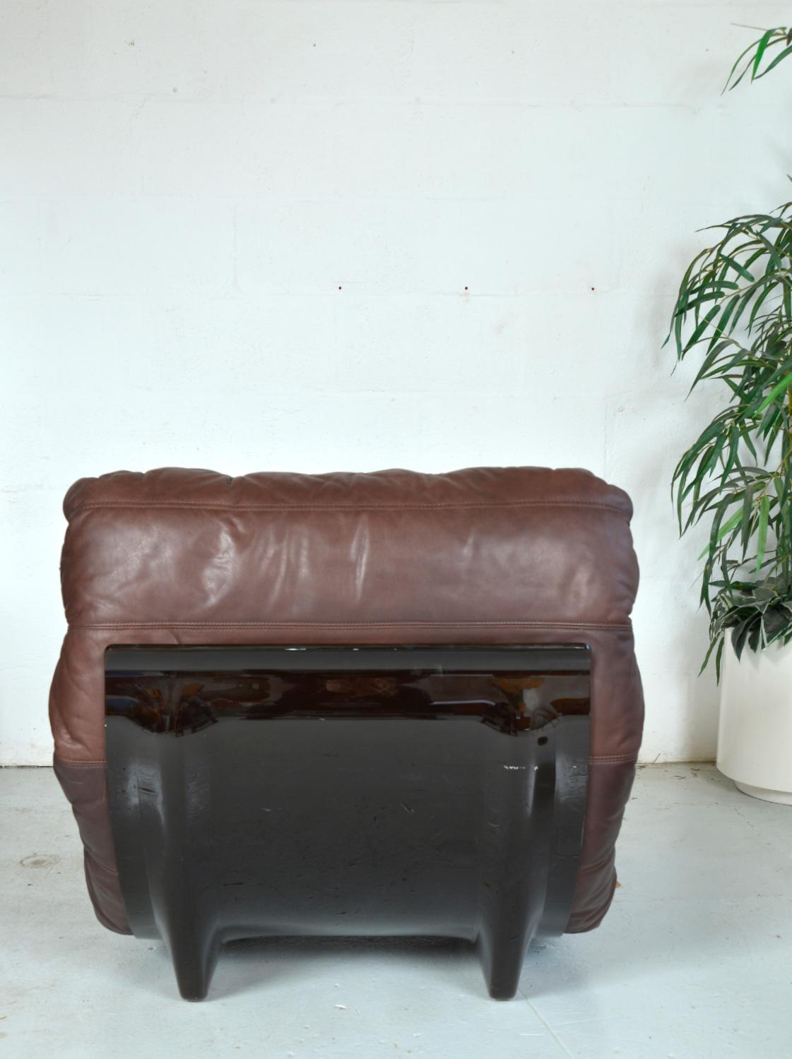1970s Leather Ligne Roset Marsala Lounge Chair & Ottoman Michel Ducaroy French 2