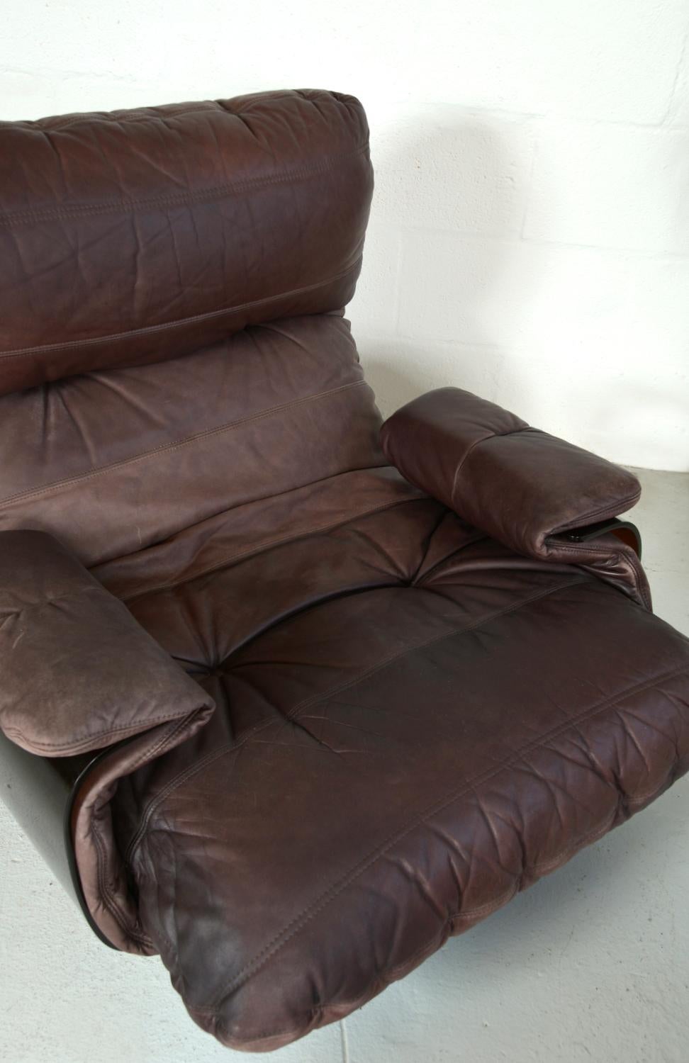 1970s Leather Ligne Roset Marsala Lounge Chair & Ottoman Michel Ducaroy French 3