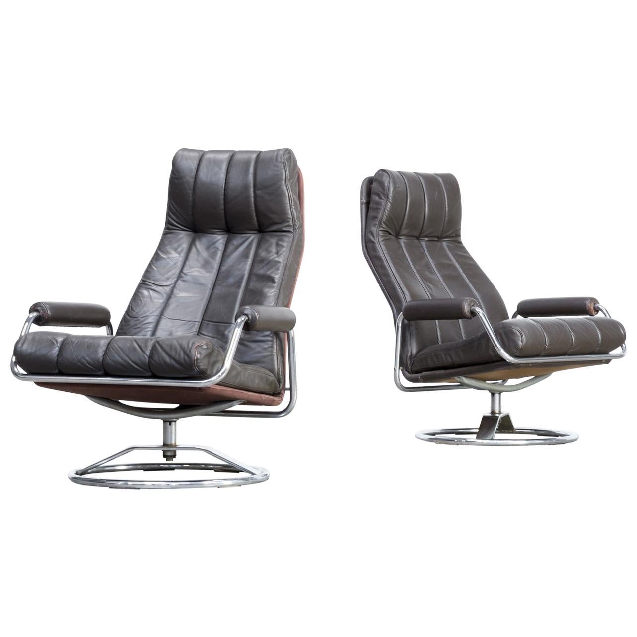 1970s Leather Lounge Fauteuil Swivel Chair Set of 2 For Sale