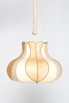 1970s Leather Pendant Light with Hand-Stitched Detailing and Rope Suspension