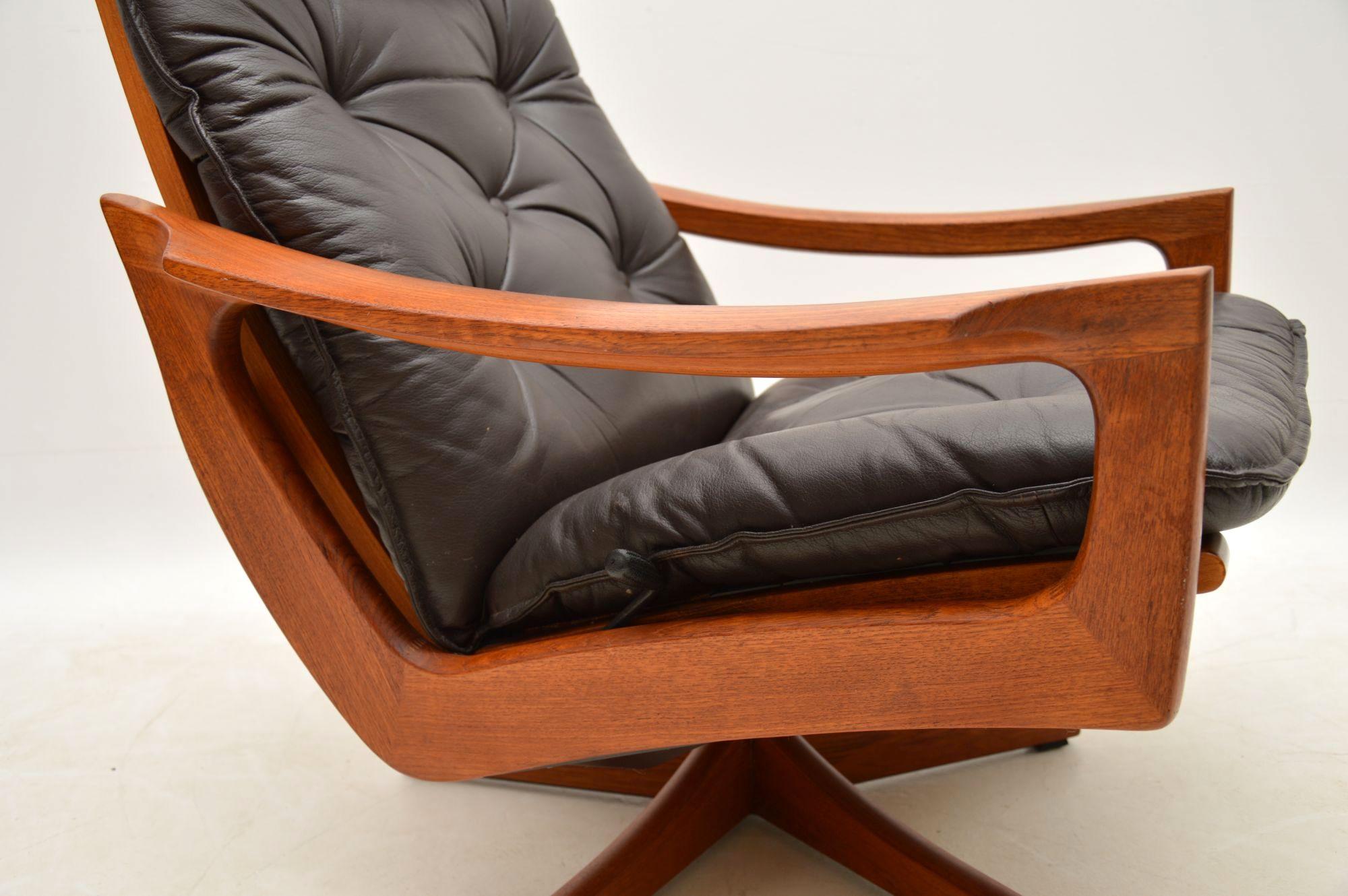 1970s Leather and Teak Reclining Armchair and Stool by Lied Mobler 1