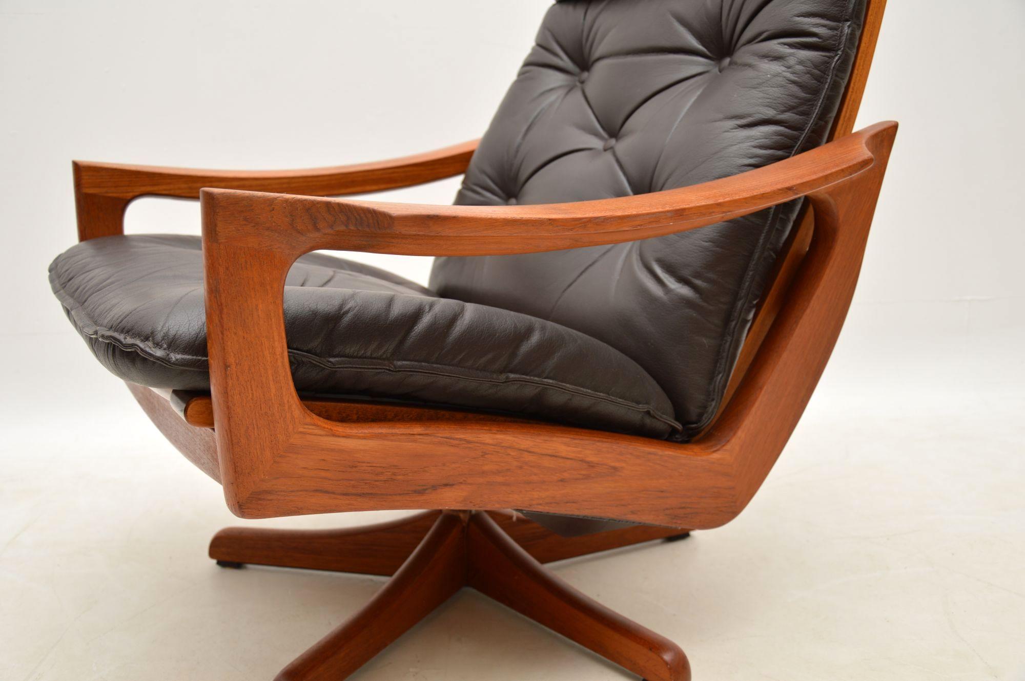 1970s Leather and Teak Reclining Armchair and Stool by Lied Mobler 2