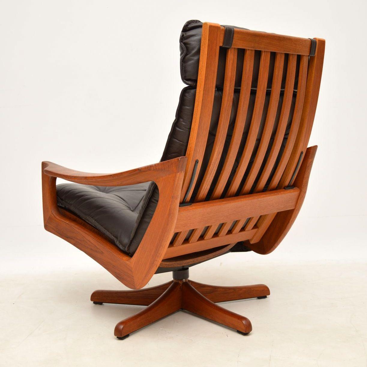 1970s Leather and Teak Reclining Armchair and Stool by Lied Mobler 3