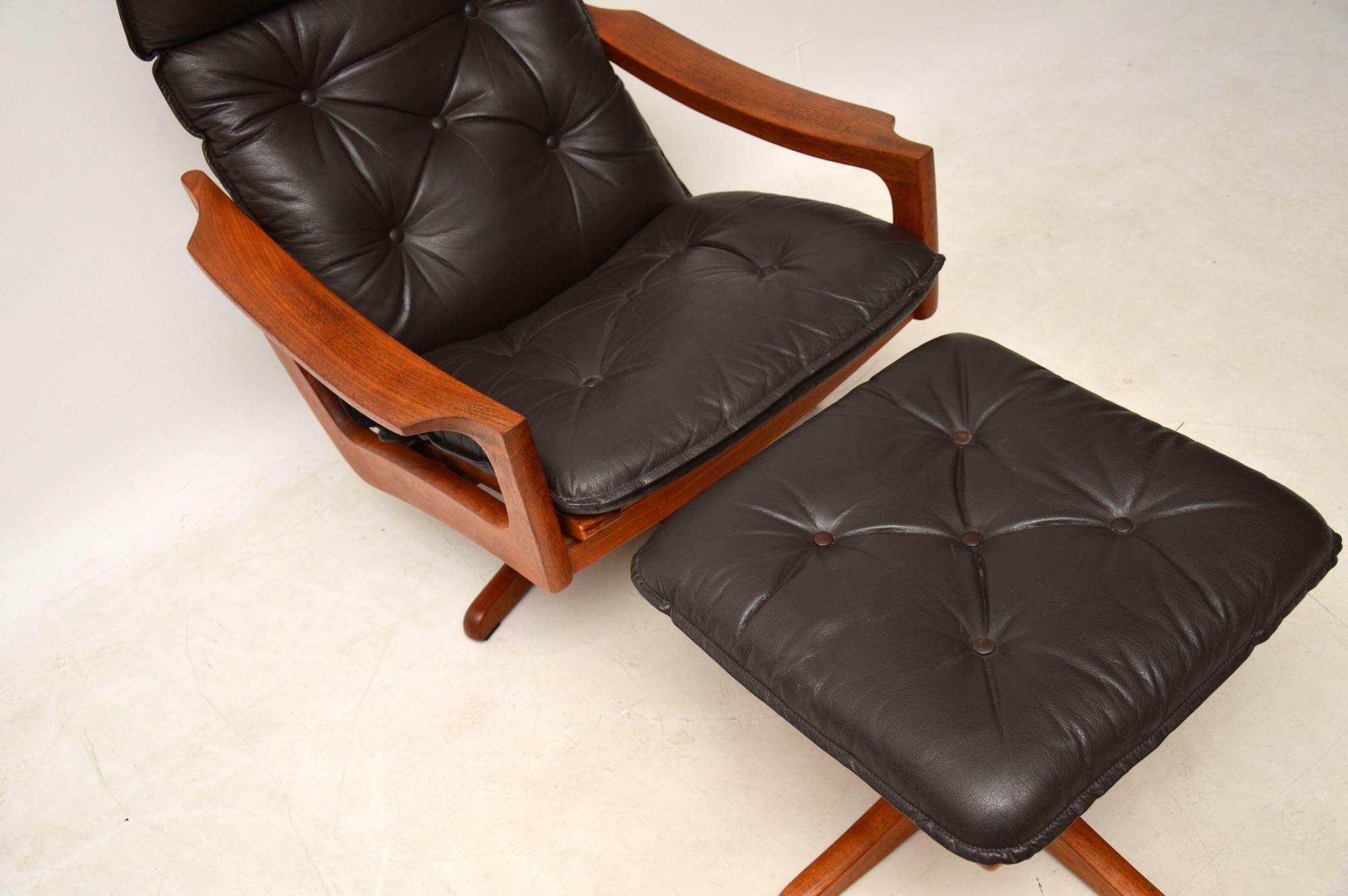 Mid-Century Modern 1970s Leather and Teak Reclining Armchair and Stool by Lied Mobler