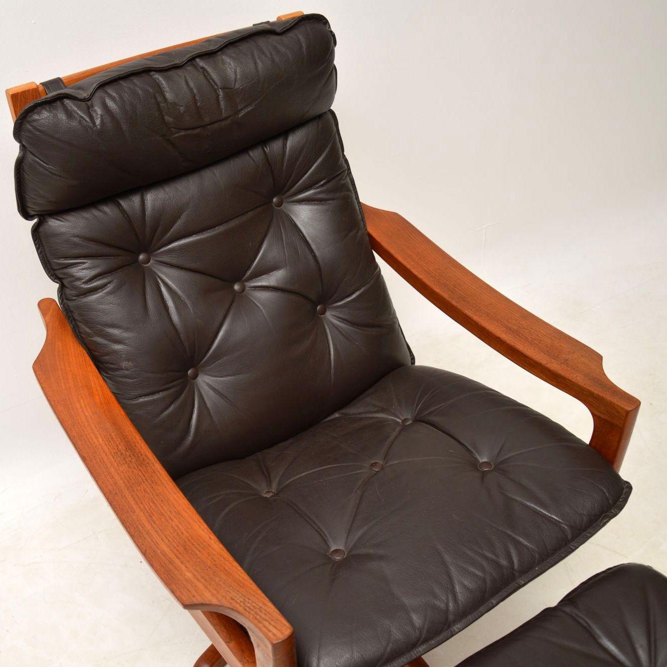 Danish 1970s Leather and Teak Reclining Armchair and Stool by Lied Mobler