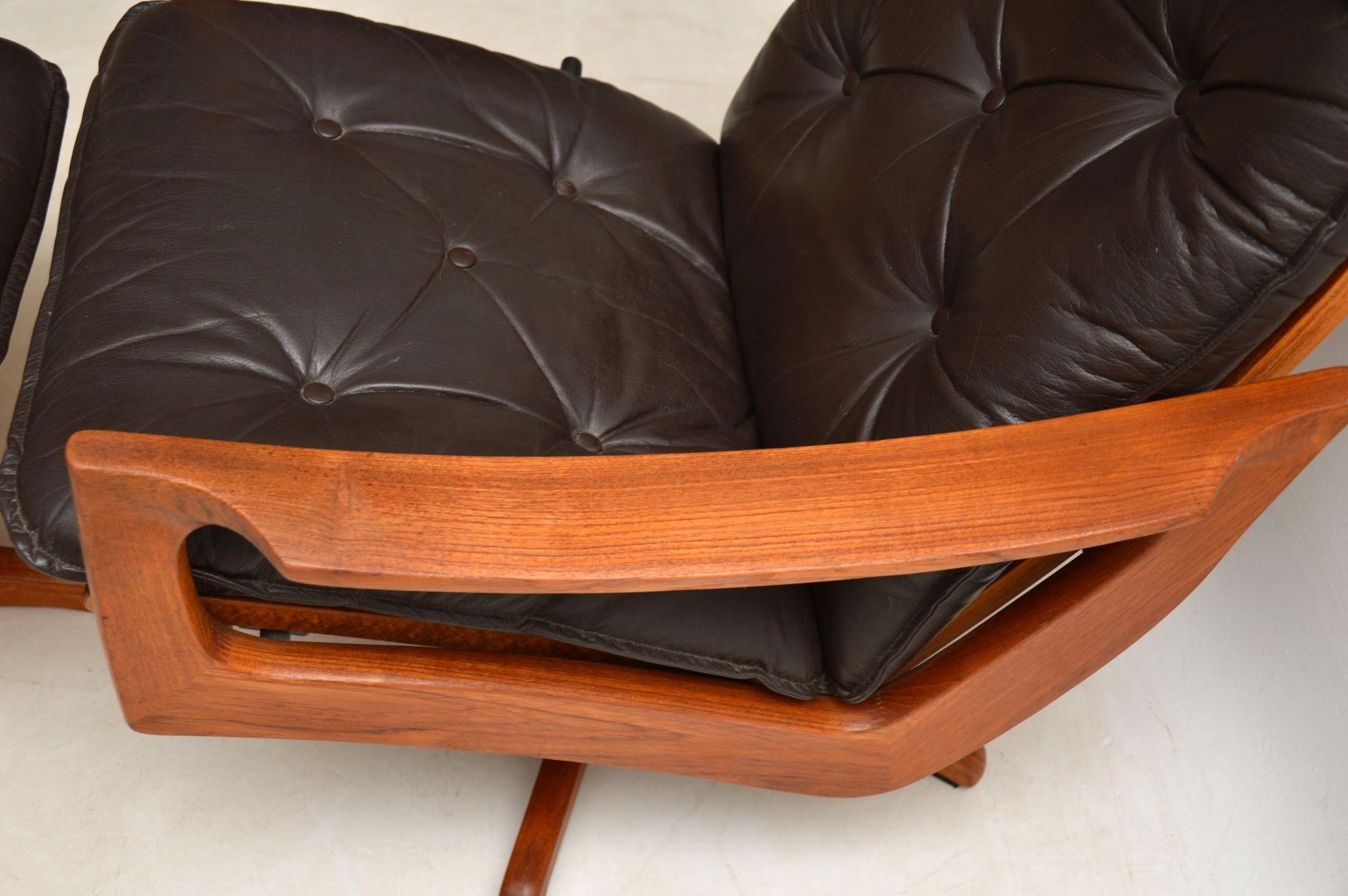 Late 20th Century 1970s Leather and Teak Reclining Armchair and Stool by Lied Mobler