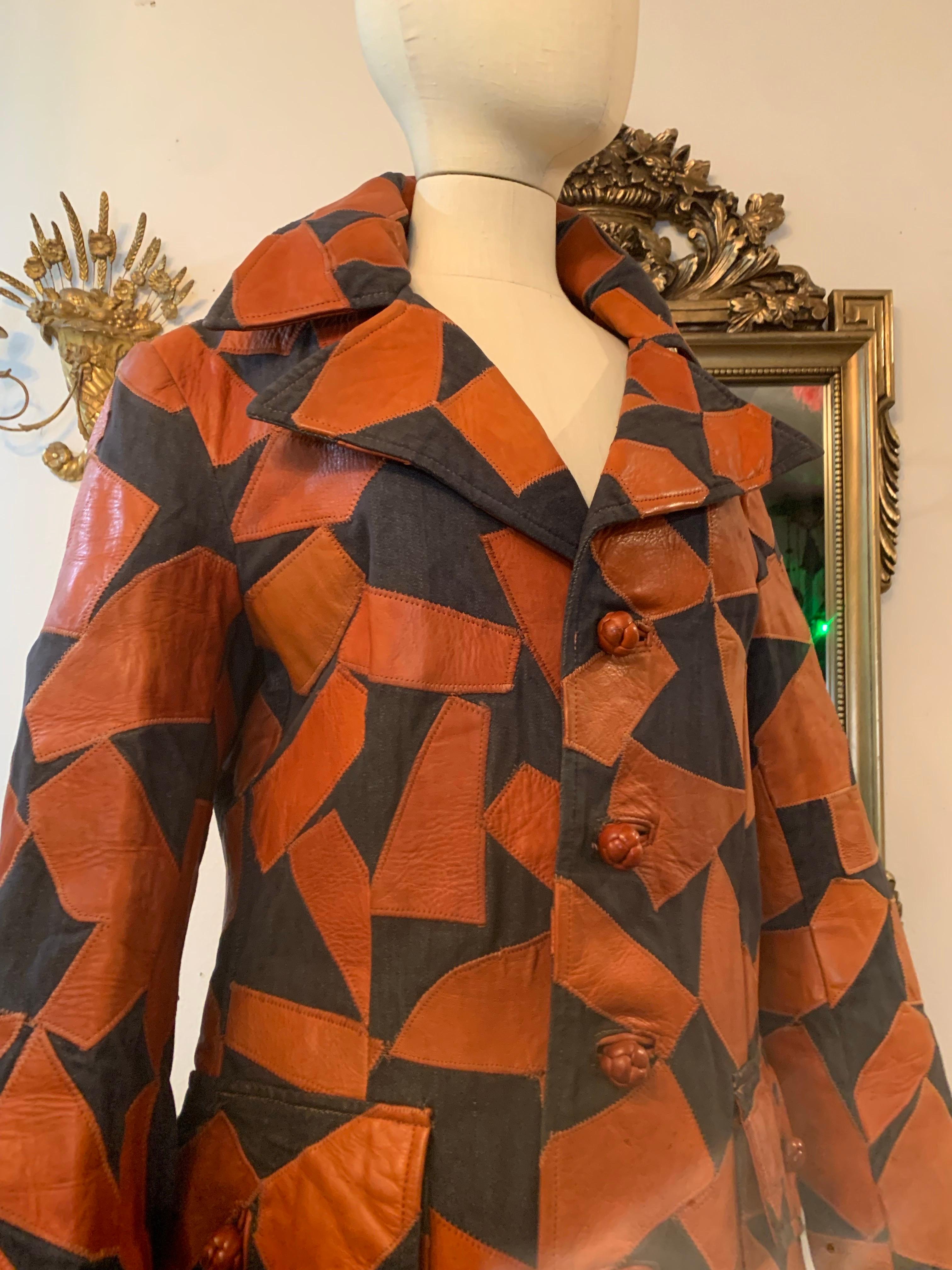 1970s Lee Imports Super-Fly Patchwork Denim & Cognac Leather Trench Coat For Sale 5