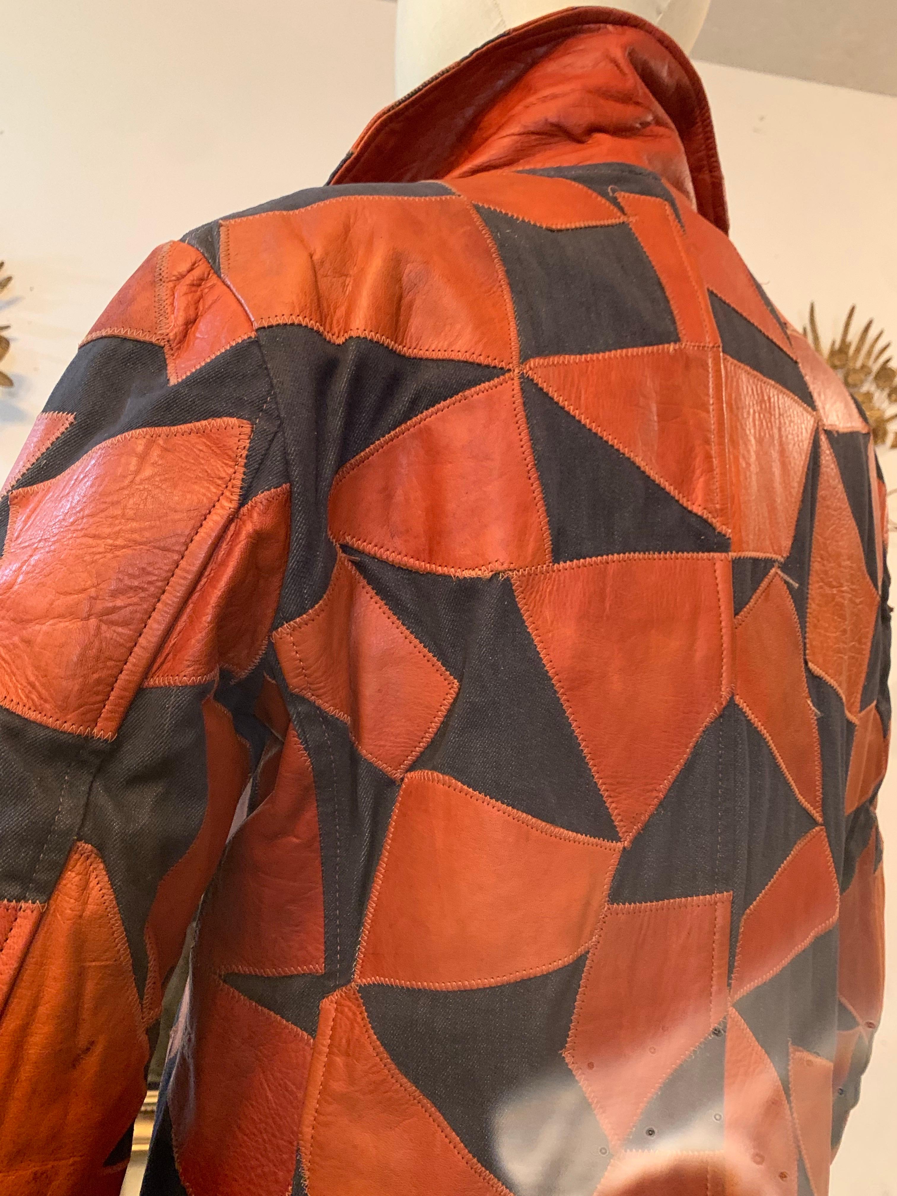 1970s Lee Imports Super-Fly Patchwork Denim & Cognac Leather Trench Coat For Sale 6