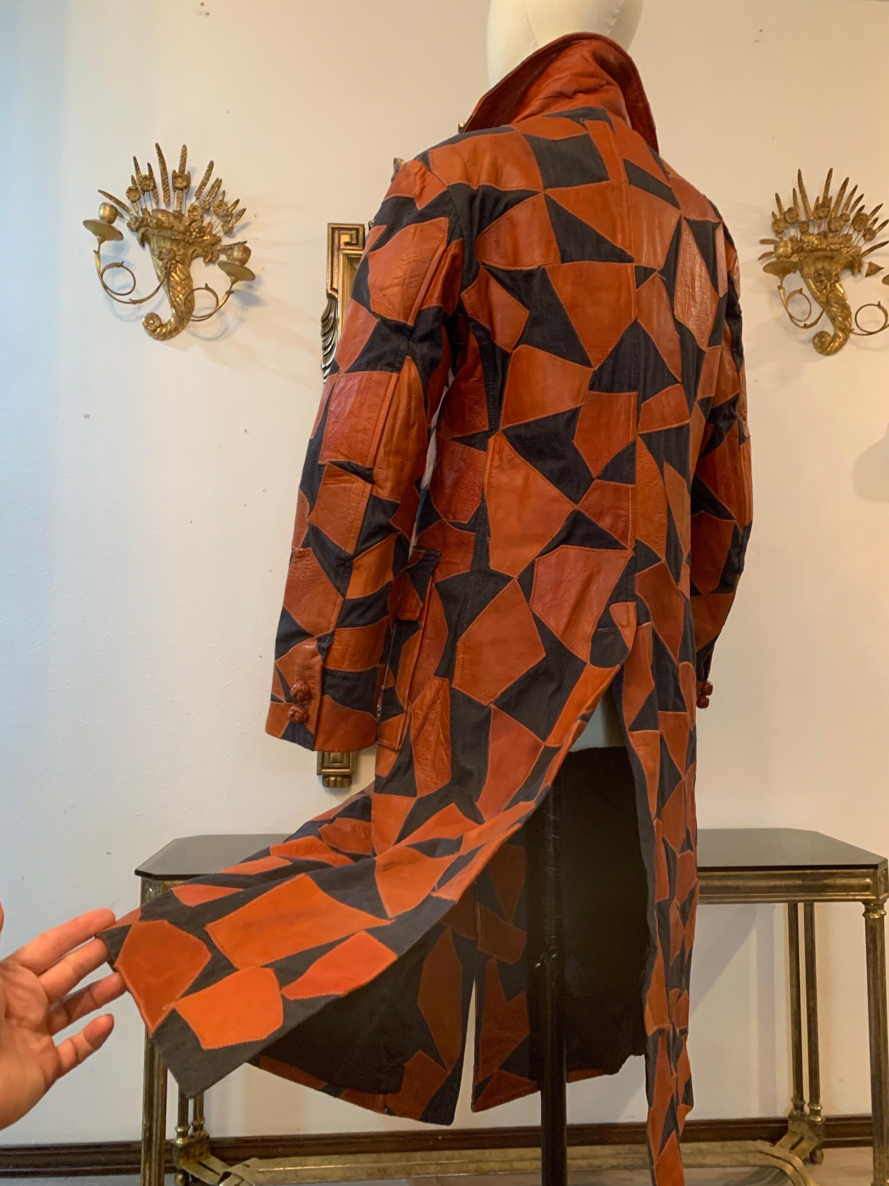 1970s Lee Imports Super-Fly Patchwork Denim & Cognac Leather Trench Coat For Sale 7