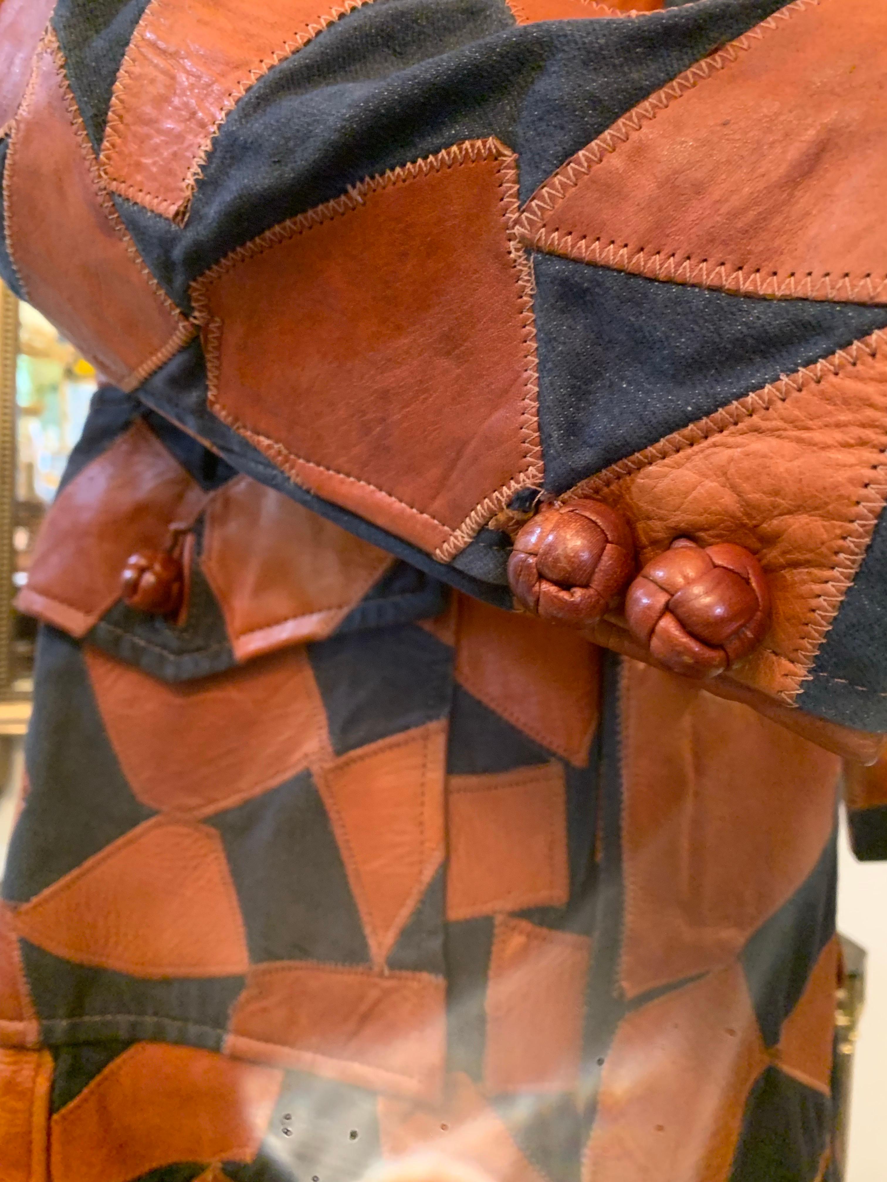 1970s Lee Imports Super-Fly Patchwork Denim & Cognac Leather Trench Coat For Sale 8