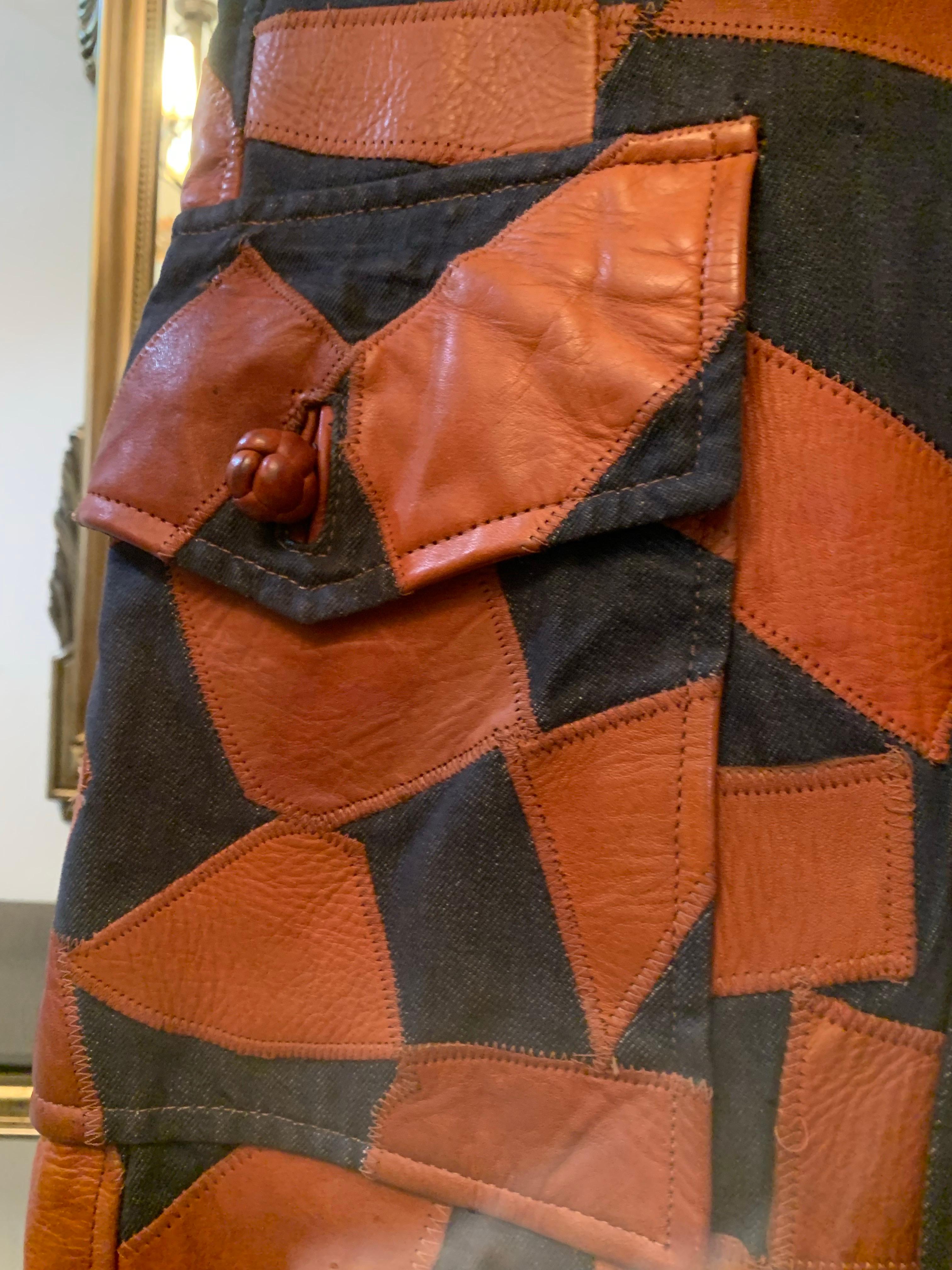 1970s Lee Imports Super-Fly Patchwork Denim & Cognac Leather Trench Coat For Sale 9