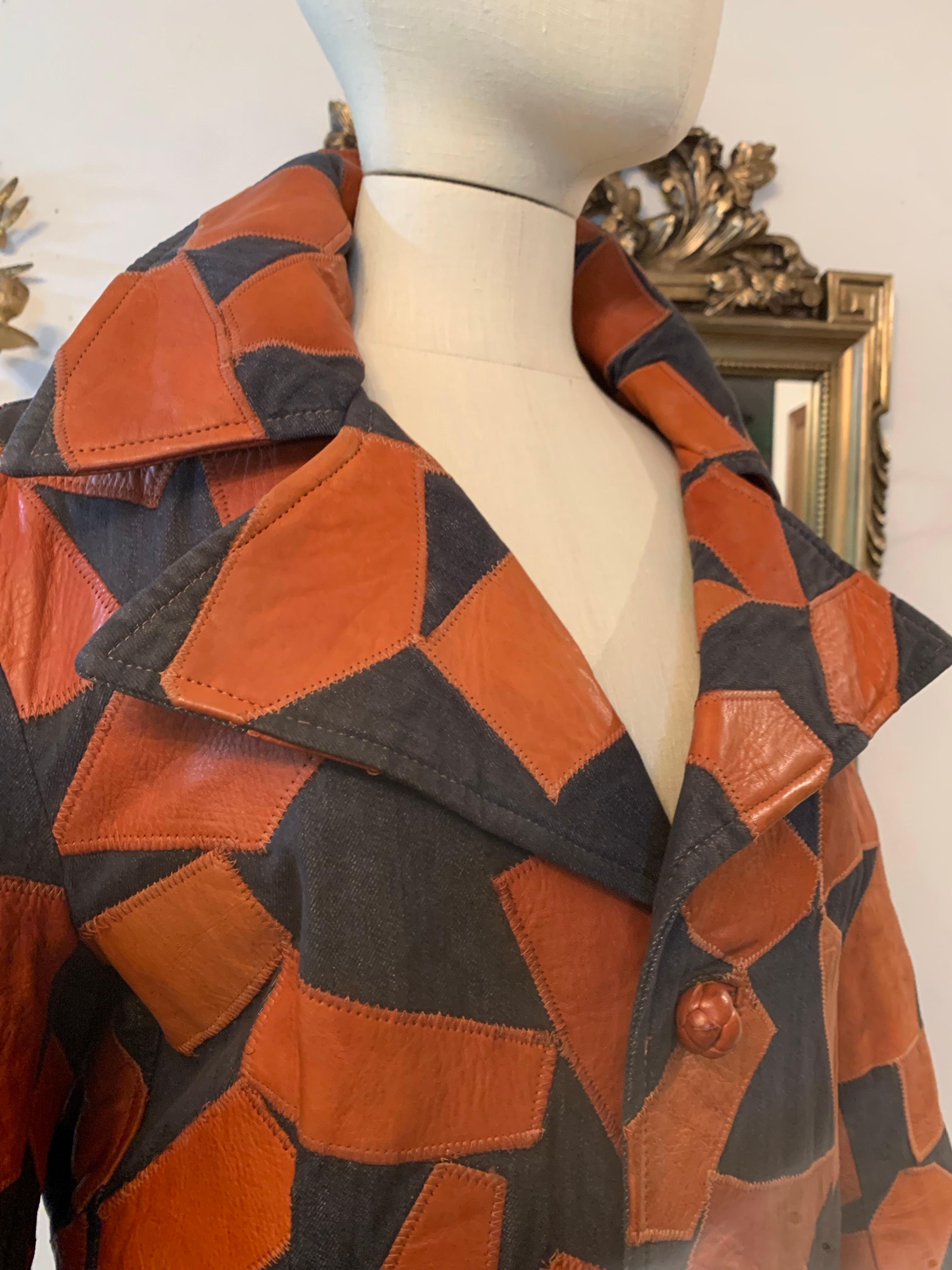 Brown 1970s Lee Imports Super-Fly Patchwork Denim & Cognac Leather Trench Coat For Sale