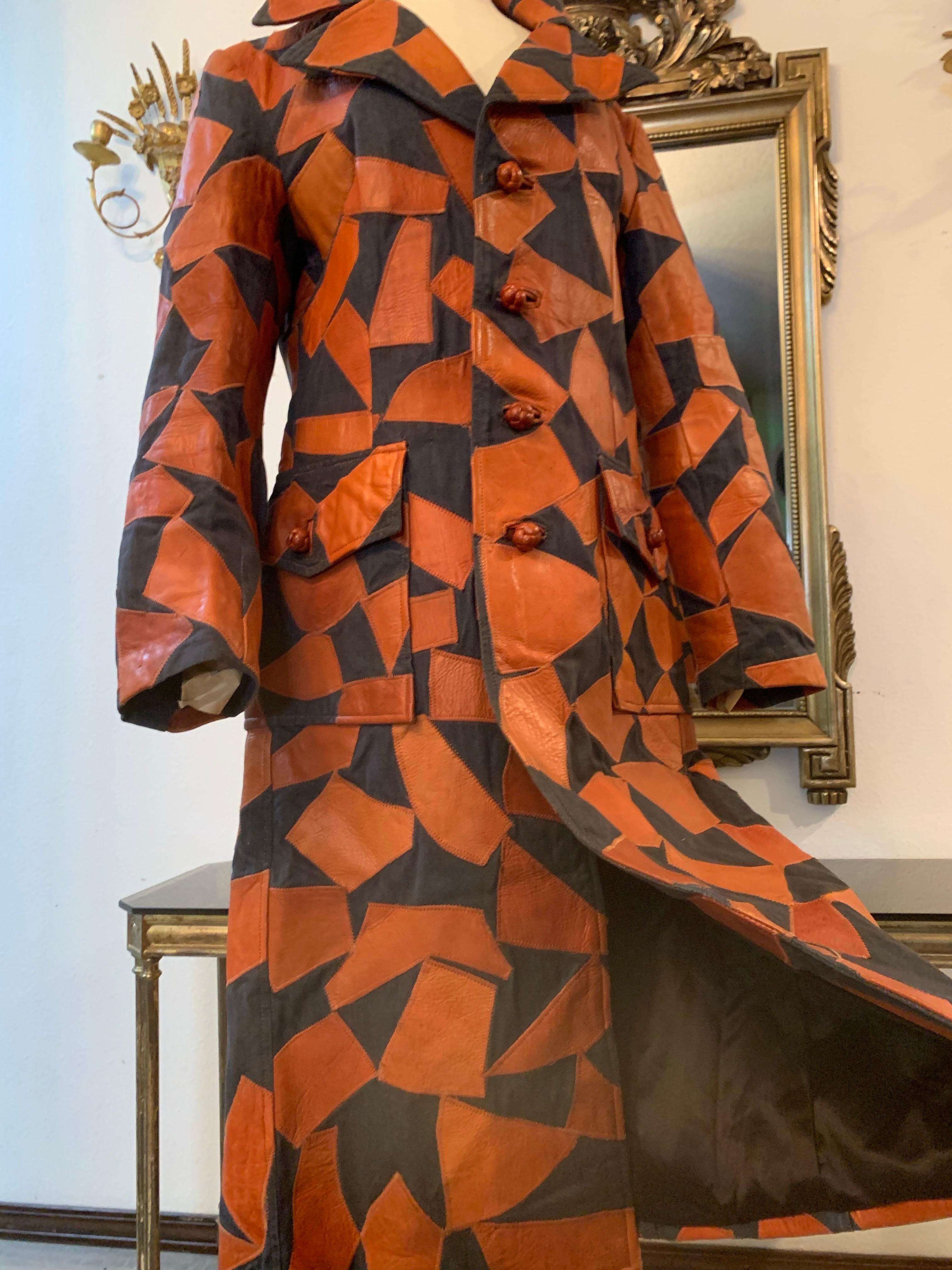 1970s Lee Imports Super-Fly Patchwork Denim & Cognac Leather Trench Coat In Excellent Condition For Sale In Gresham, OR