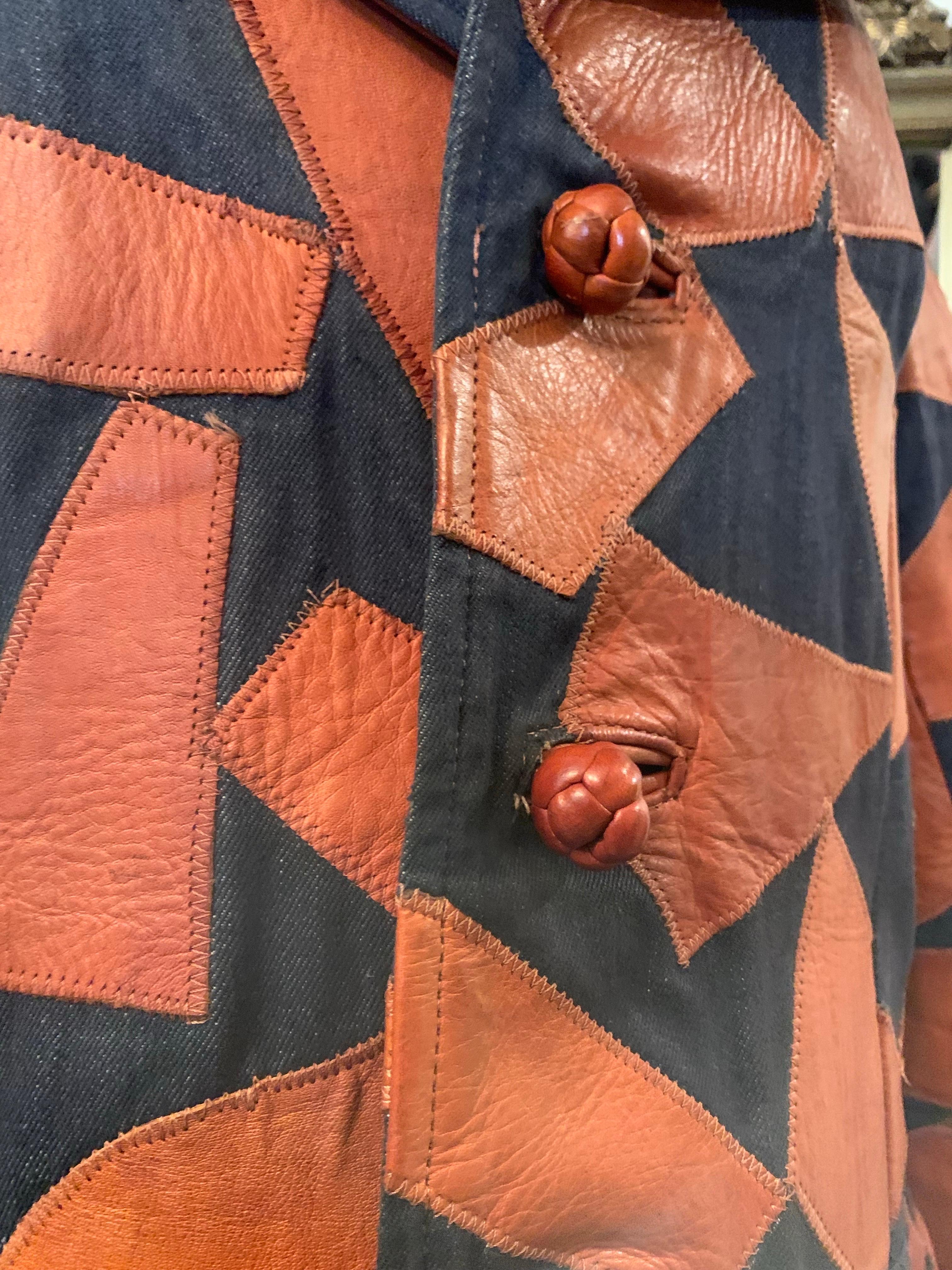 Men's 1970s Lee Imports Super-Fly Patchwork Denim & Cognac Leather Trench Coat For Sale