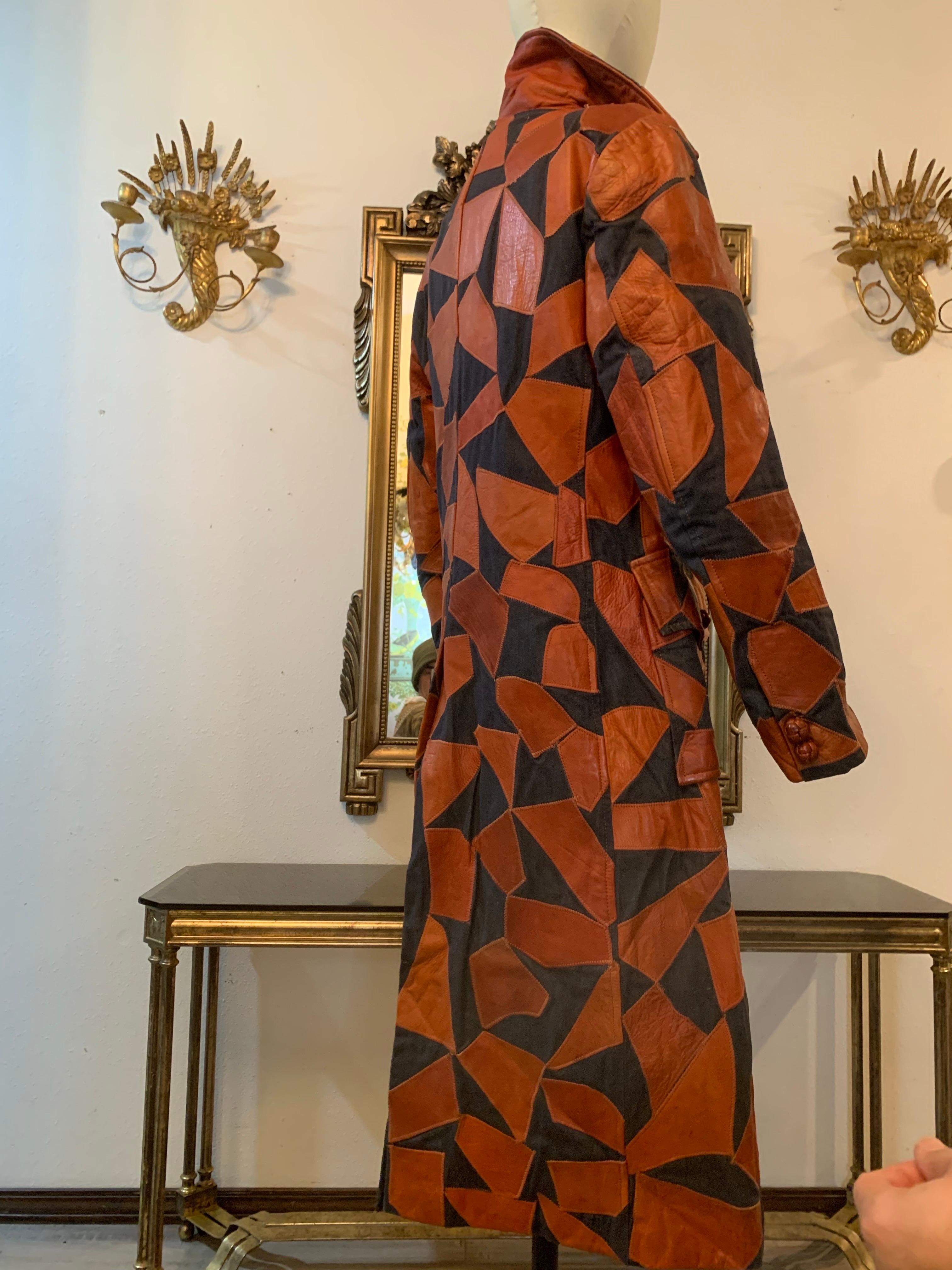 1970s Lee Imports Super-Fly Patchwork Denim & Cognac Leather Trench Coat For Sale 1
