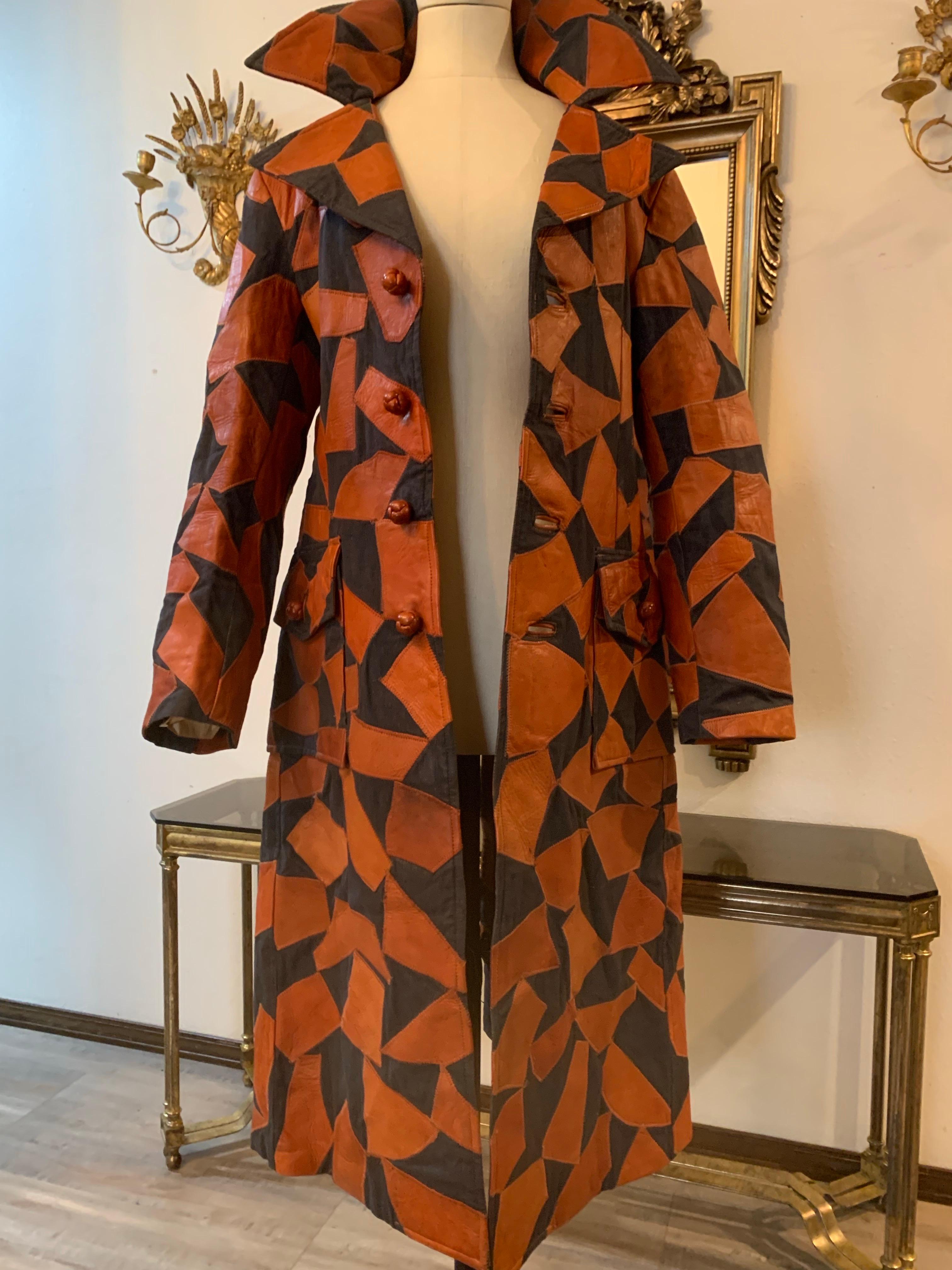 1970s Lee Imports Super-Fly Patchwork Denim & Cognac Leather Trench Coat For Sale 2