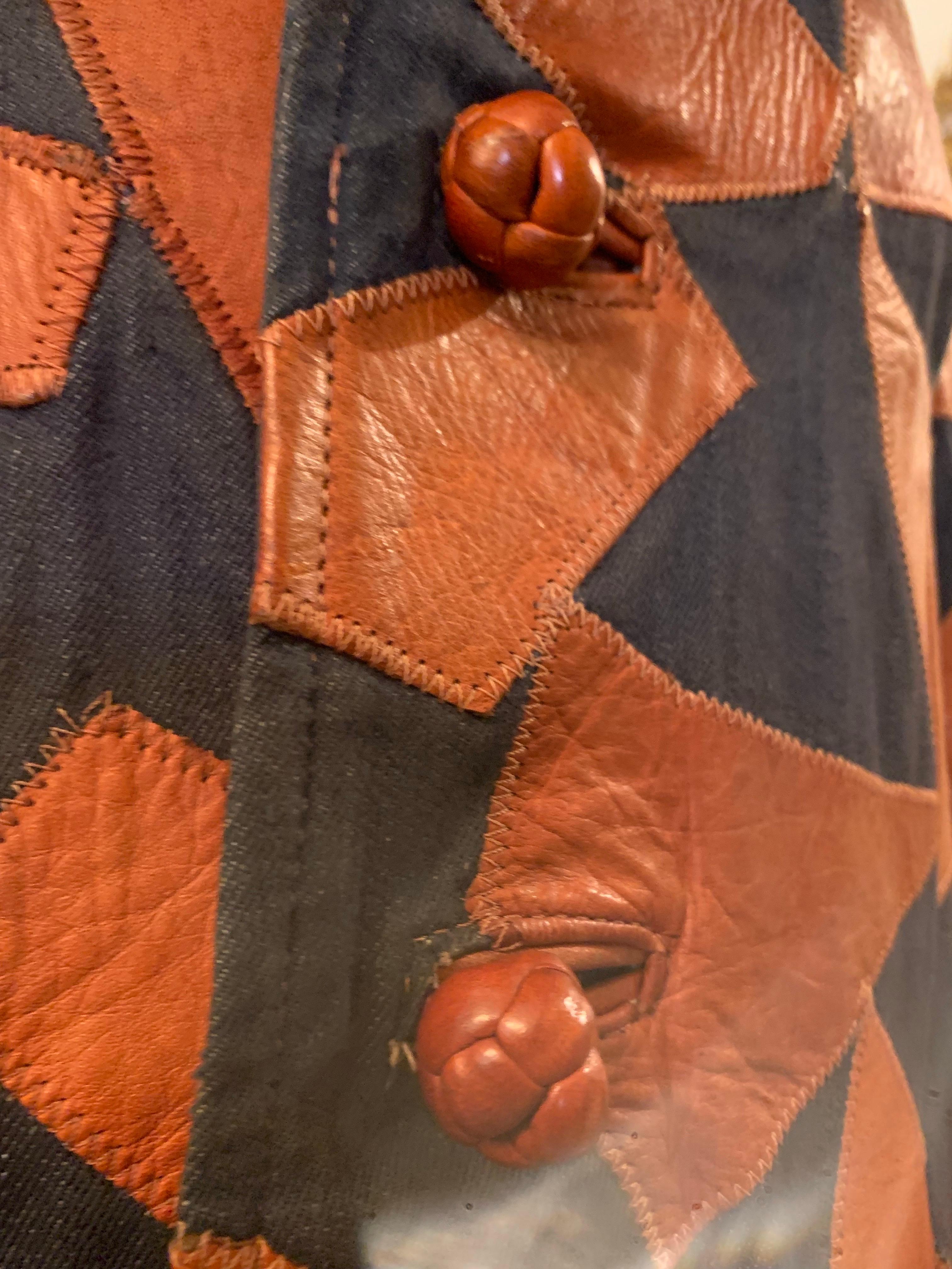 1970s Lee Imports Super-Fly Patchwork Denim & Cognac Leather Trench Coat For Sale 4