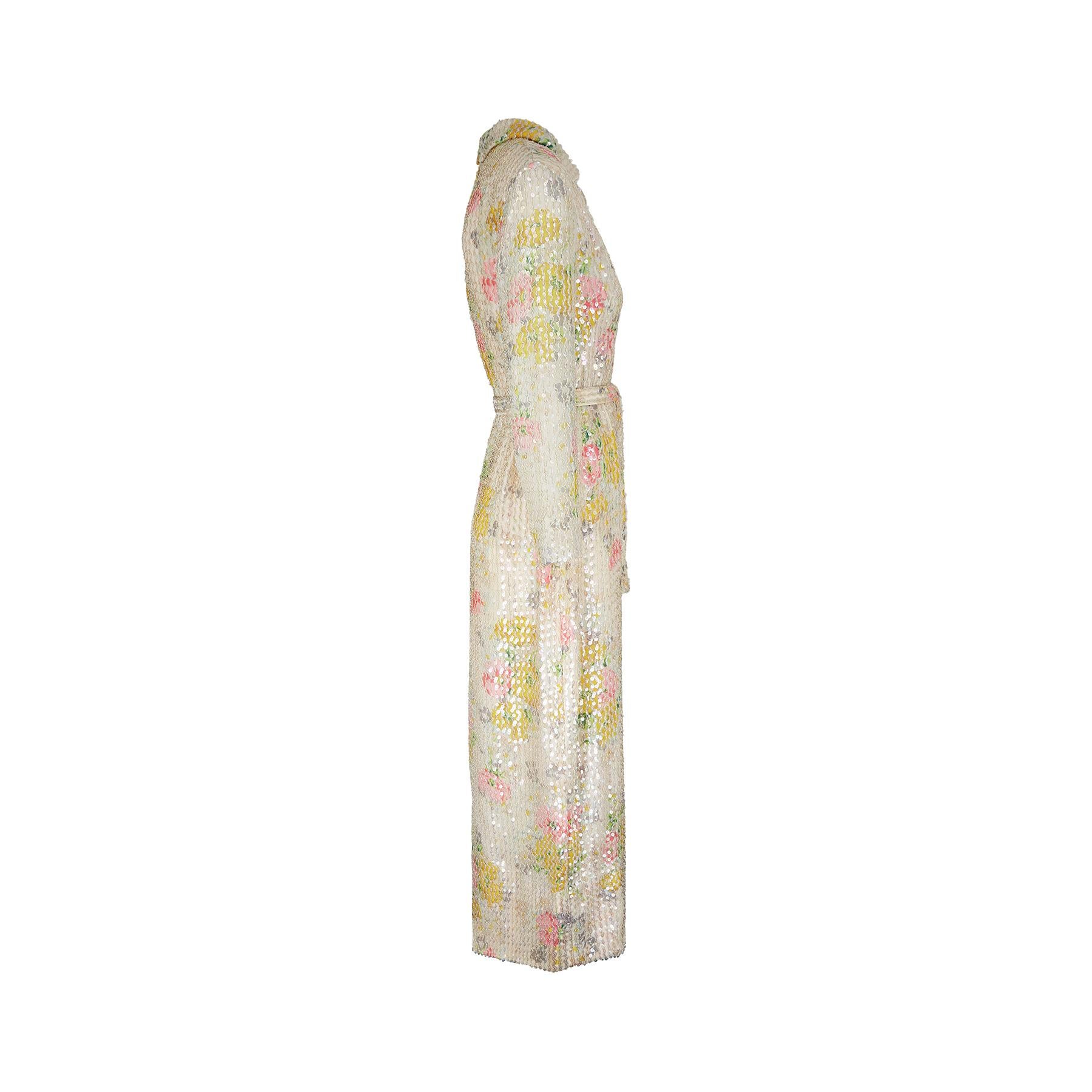 Beige Lee Jordan - Robe longue à paillettes de couleur pastel des années 1970 en vente