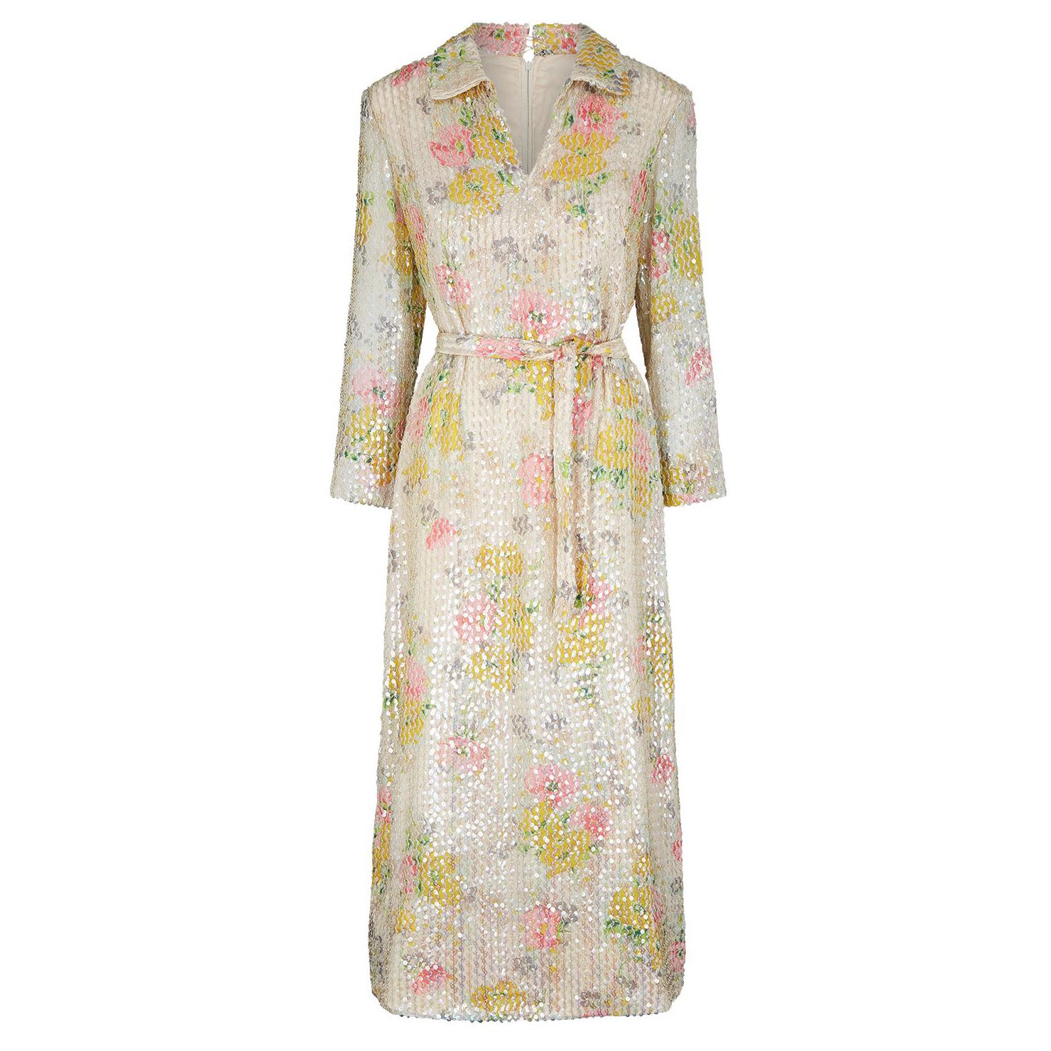 Lee Jordan - Robe longue à paillettes de couleur pastel des années 1970