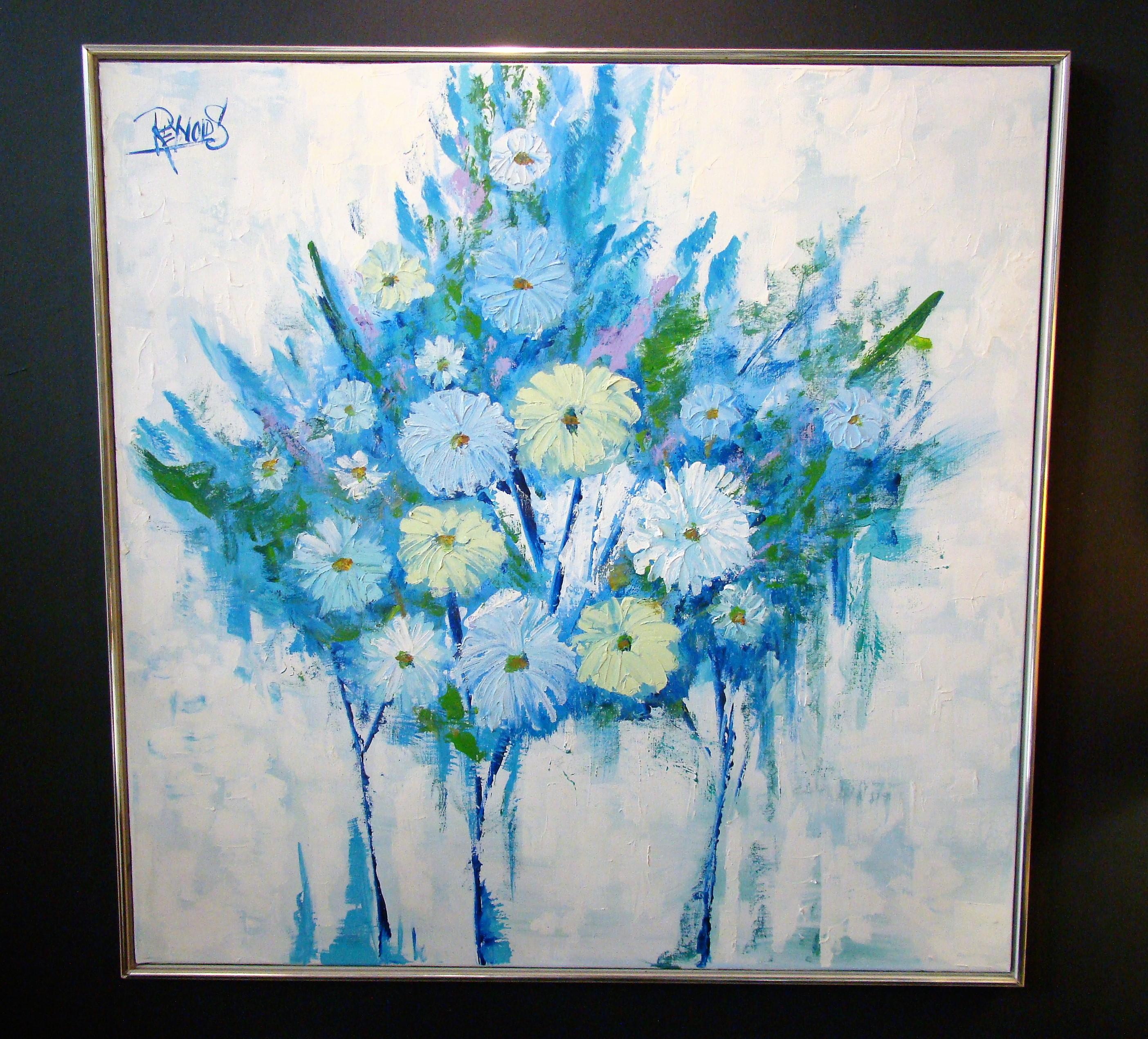 Beautiful, lively still life oil painting on canvas in blues, violet, yellows and green on primary white background by Lee Reynolds, 1970s. Size: 41
