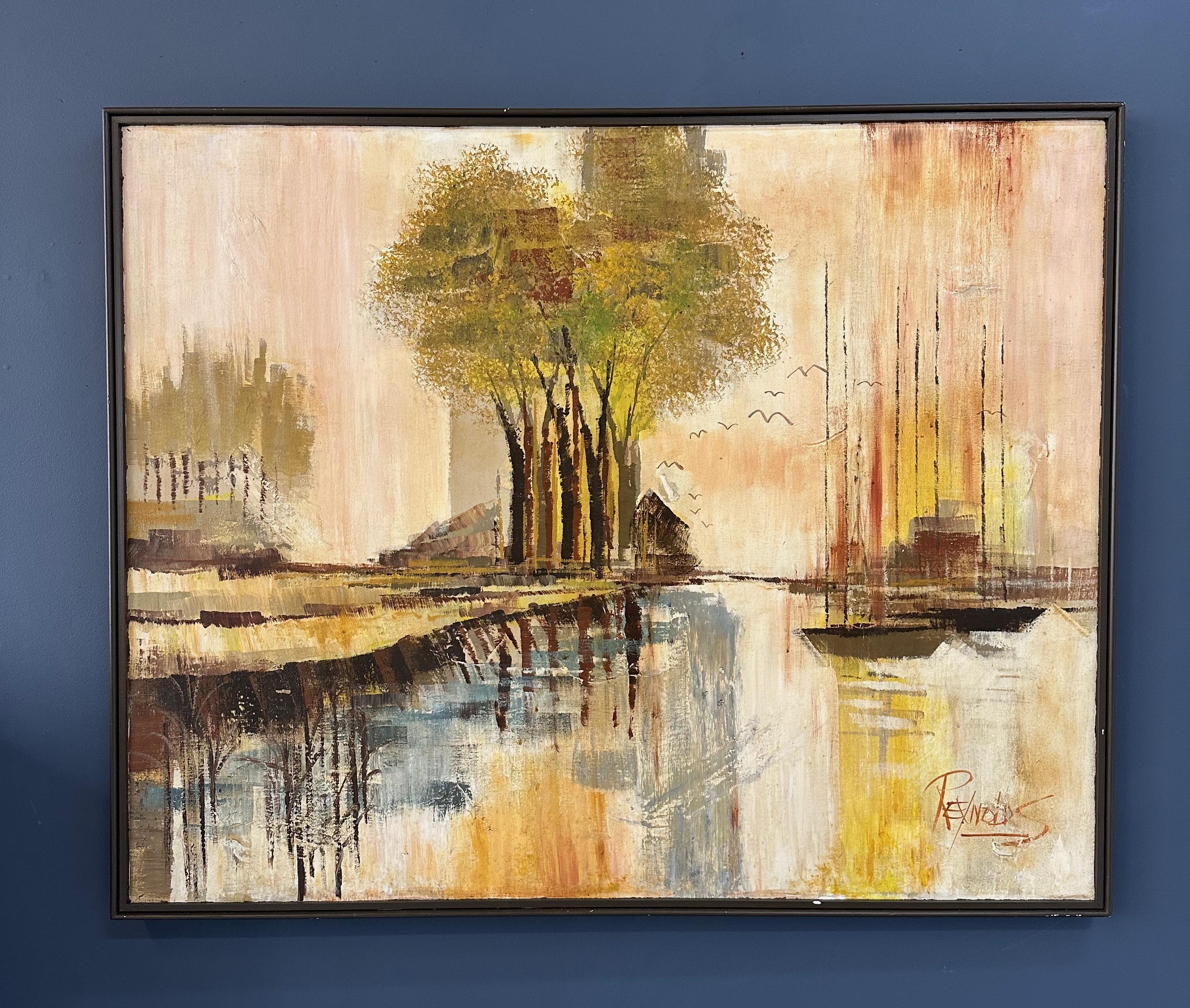 Este cuadro original de la década de 1970 de Lee Reynolds capta un paisaje sereno con barcos, edificios y árboles. La combinación de colores vibrantes y pinceladas magistrales crea una escena cautivadora. Hazte con un pedazo de la historia del arte