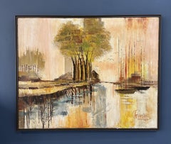 1970s Lee Reynolds Landscape Painting with Boats, Buildings, and Trees