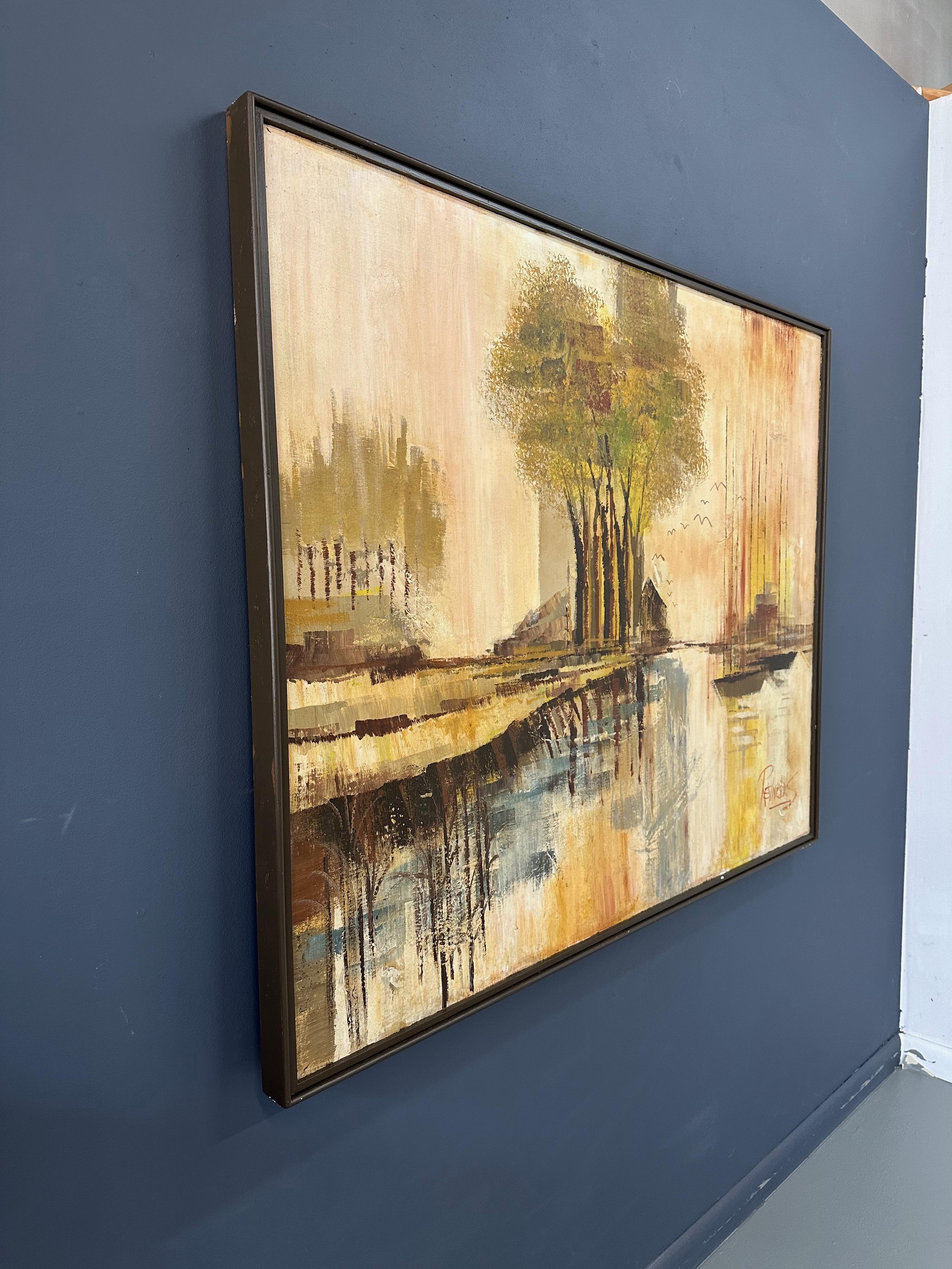 Pintura de paisaje de Lee Reynolds de los años 70 con barcos, edificios y árboles Moderno de mediados de siglo en venta