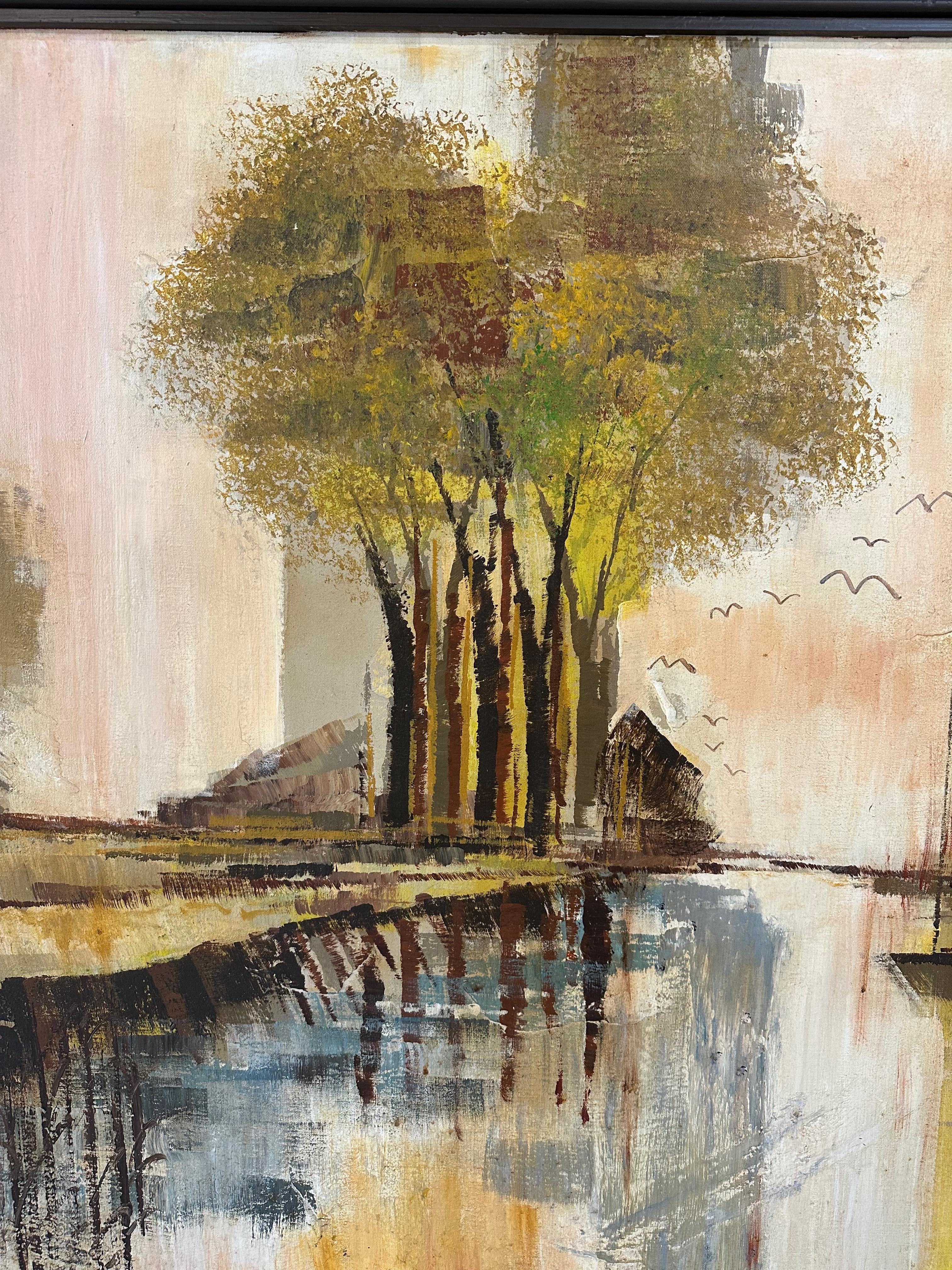 Pintura de paisaje de Lee Reynolds de los años 70 con barcos, edificios y árboles Norteamericano en venta