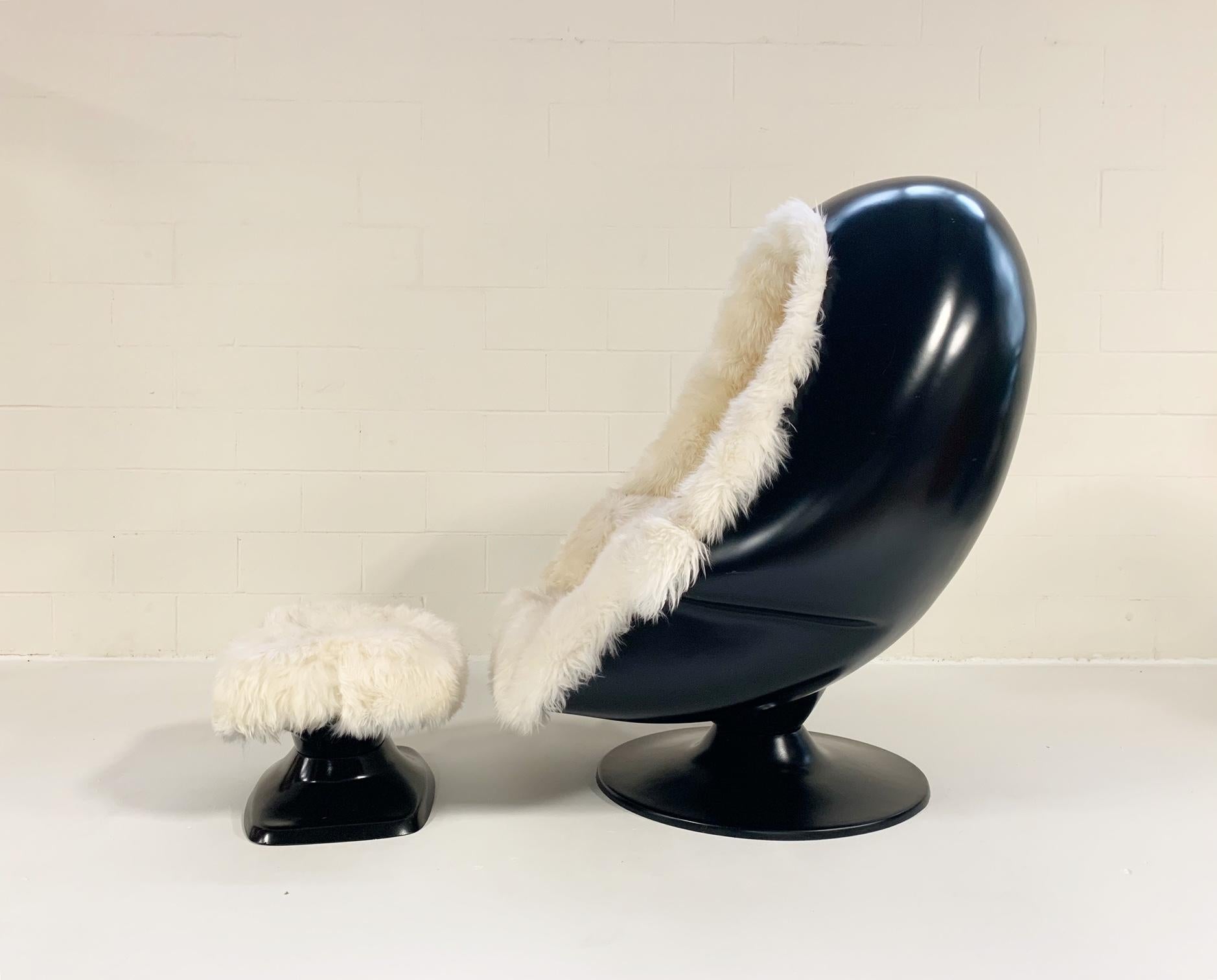 Mid-Century Modern 1970s Lee West Alpha Egg Chair and Ottoman Restored in New Zealand Sheepskin