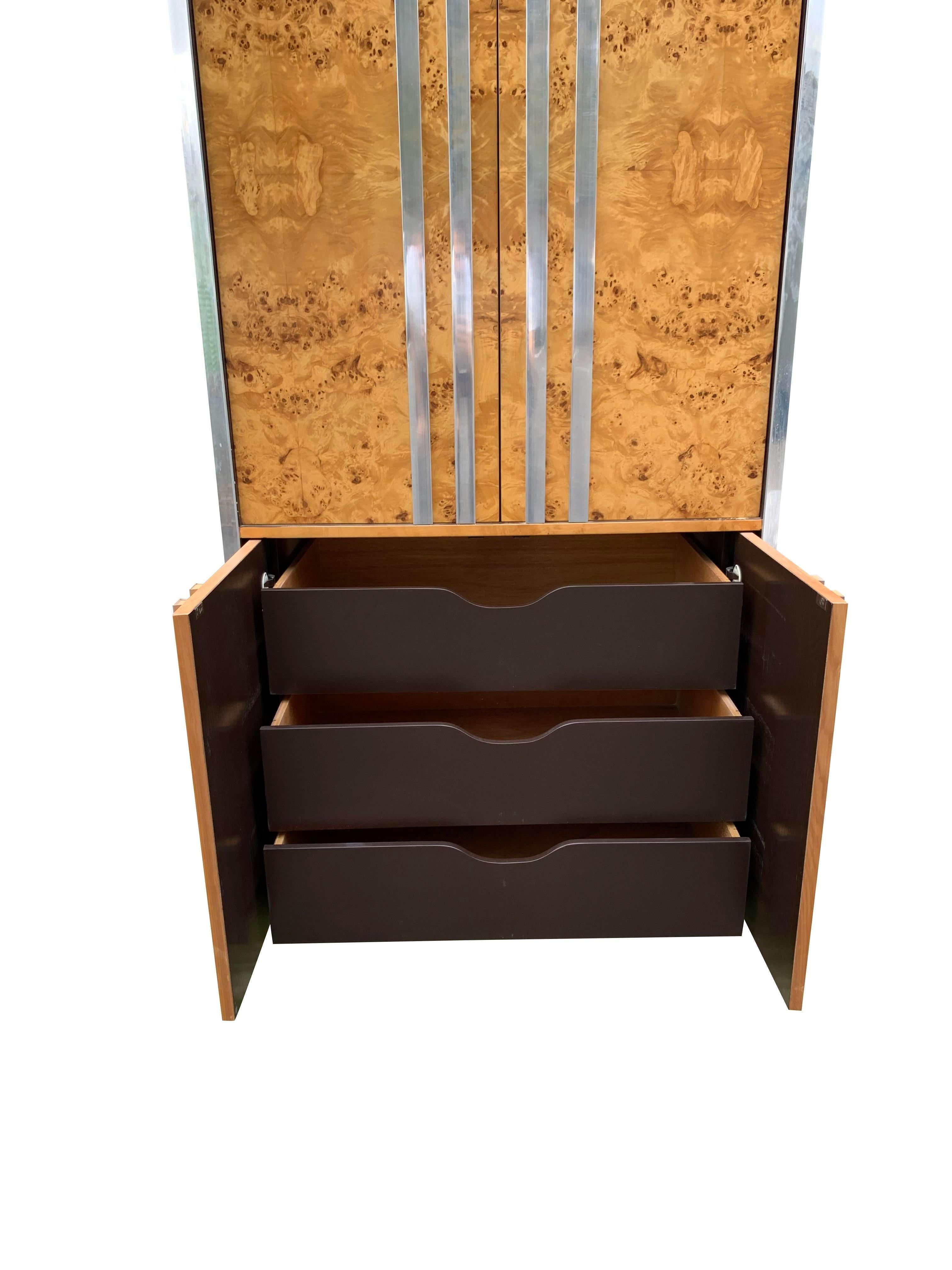 Mid-Century Modern 1970s Leon Rosen for Pace Burl Wood and Chrome Modern Armoire For Sale