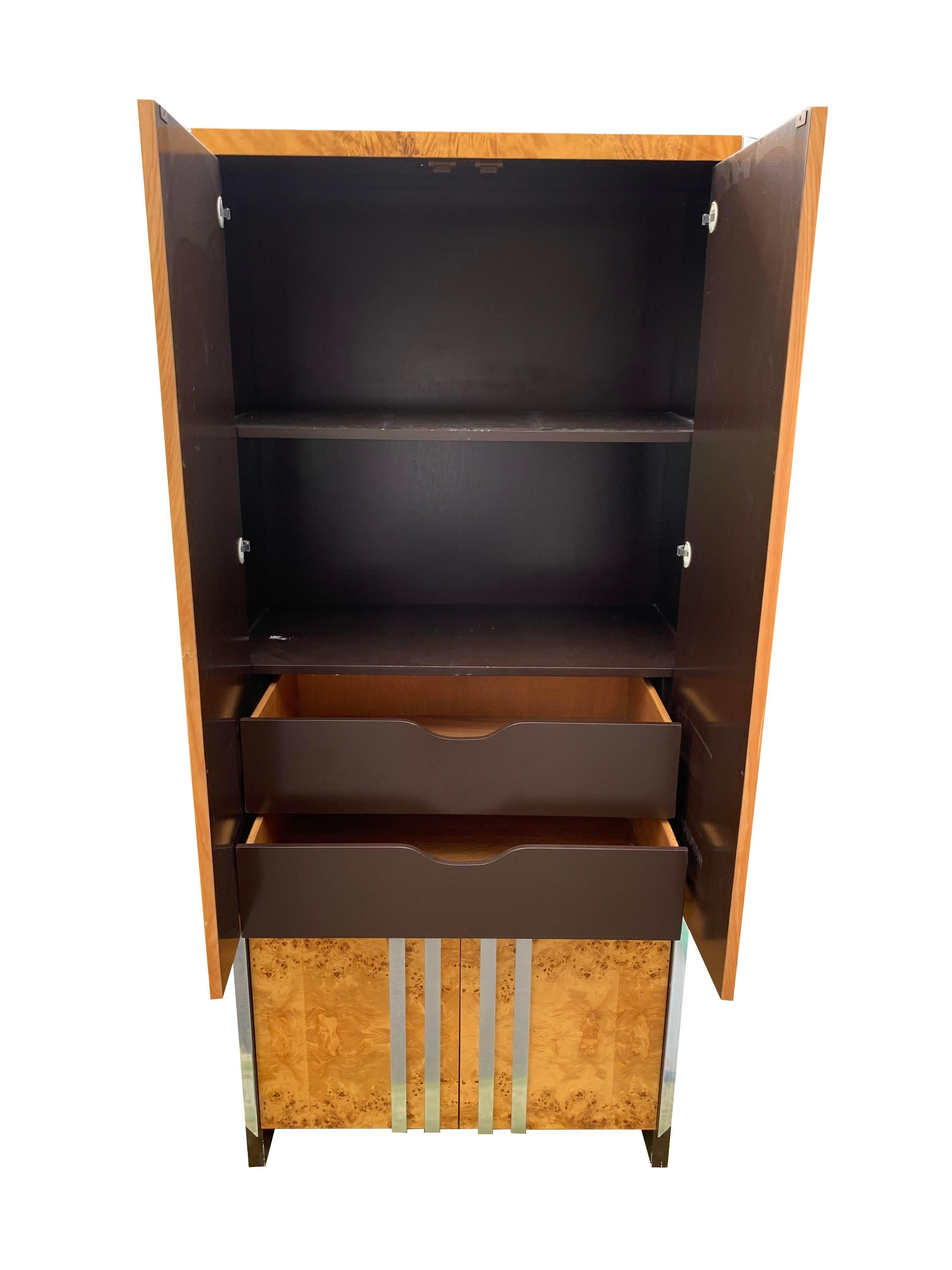 1970s Leon Rosen for Pace Burl Wood and Chrome Modern Armoire In Good Condition For Sale In Saddle River, NJ