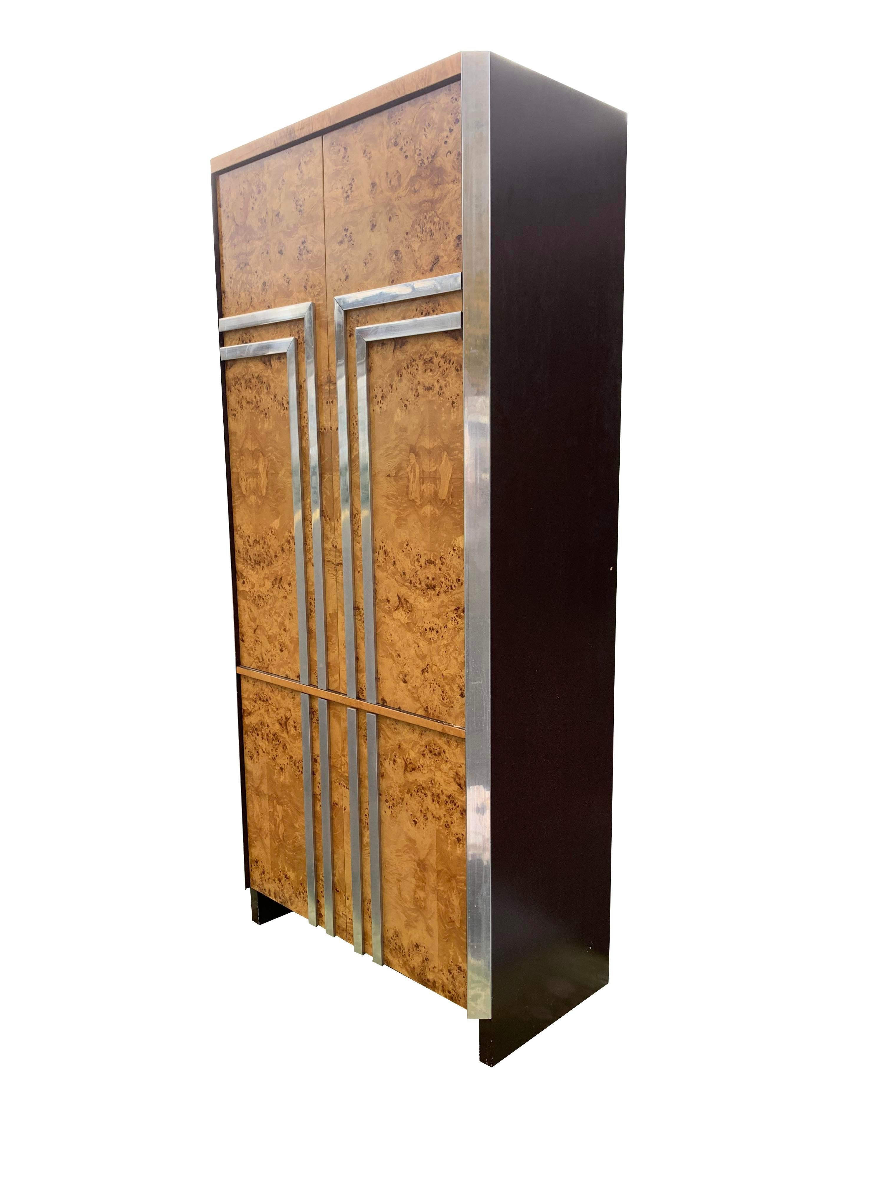 1970s Leon Rosen for Pace Burl Wood and Chrome Modern Armoire For Sale 2