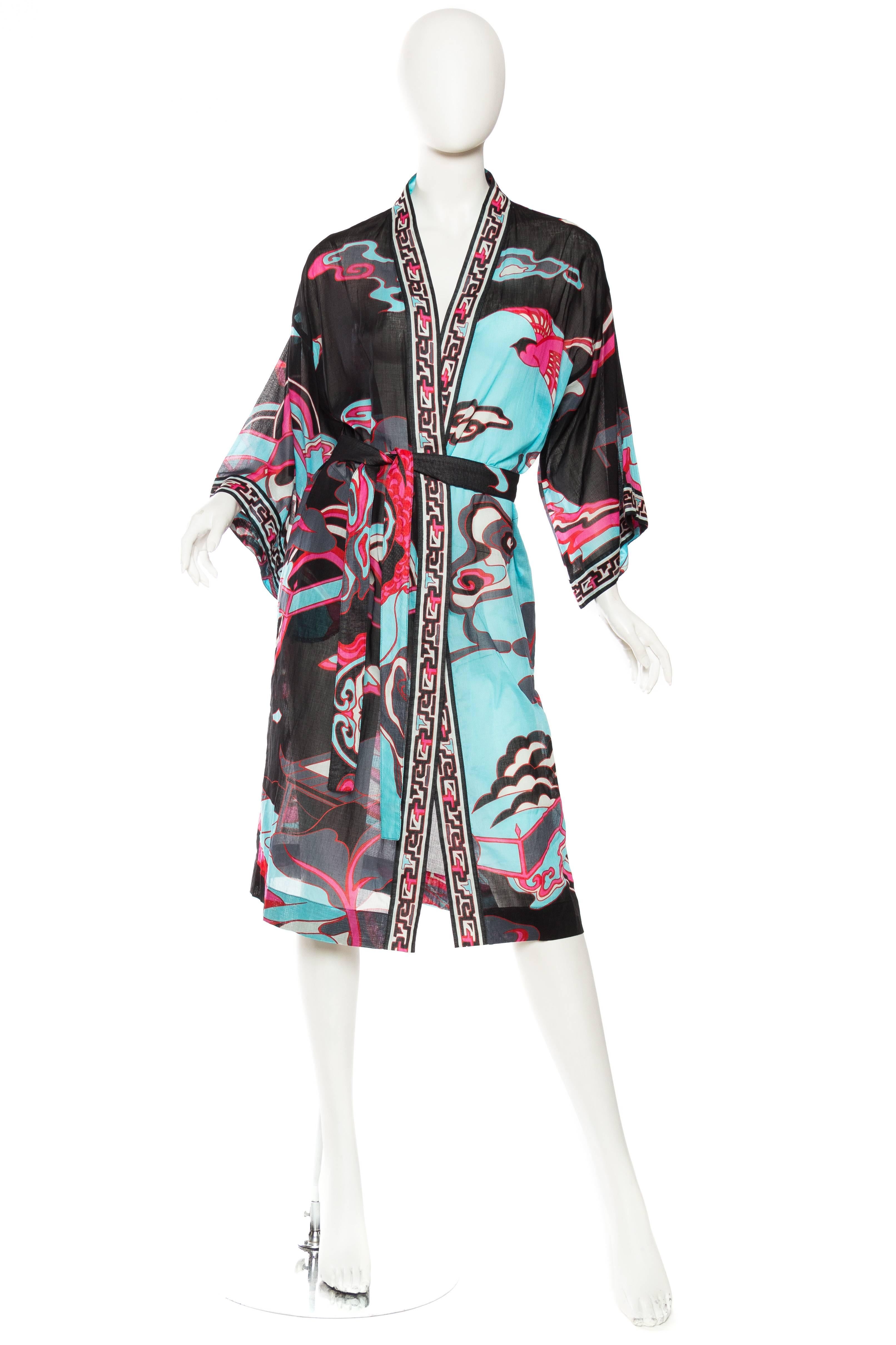Women's or Men's 1970s LEONARD Black & Pink Cotton Voile Stylized Asian Printed Kimono 