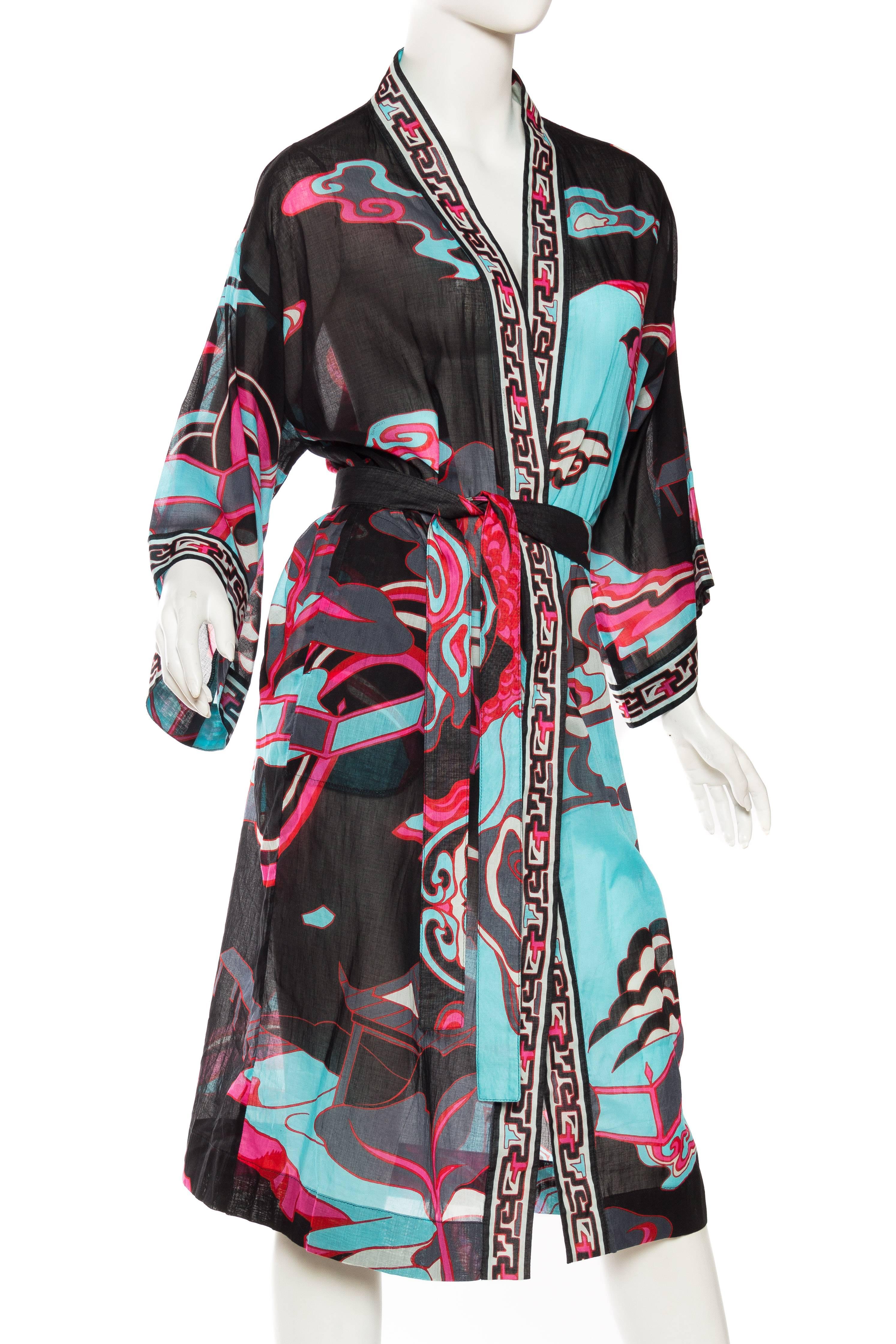 1970s LEONARD Black & Pink Cotton Voile Stylized Asian Printed Kimono  1